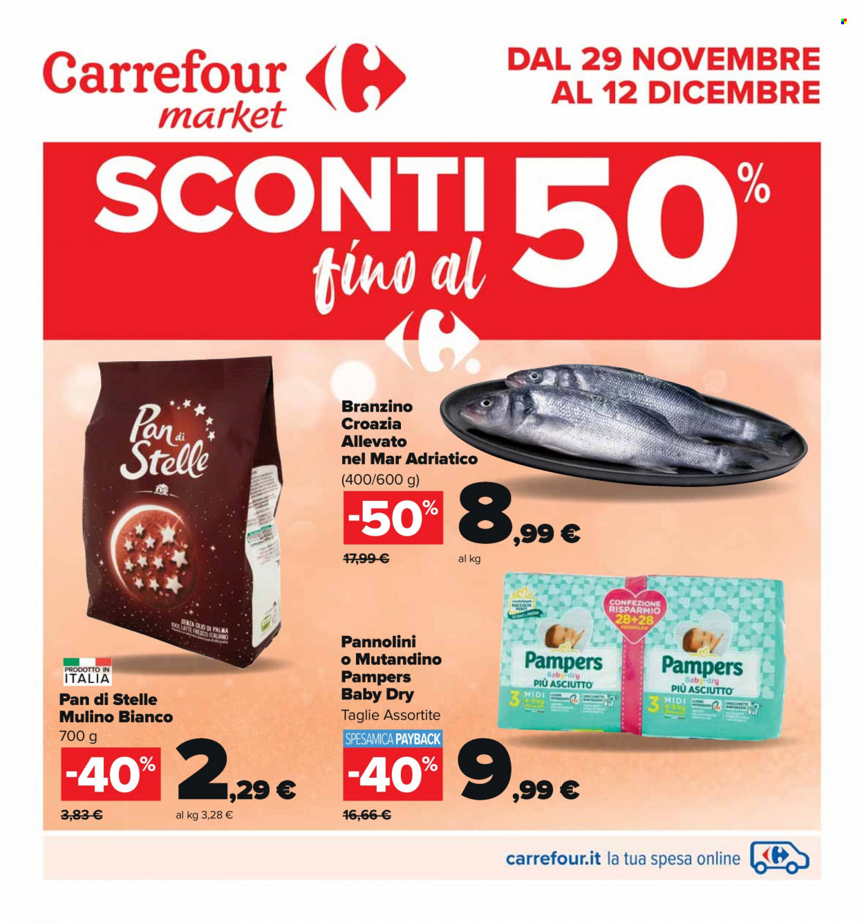thumbnail - Volantino Carrefour - 29/11/2022 - 12/12/2022 - Prodotti in offerta - Mulino Bianco, branzino, spigola, Pan di Stelle, Pampers, pannolini. Pagina 1.