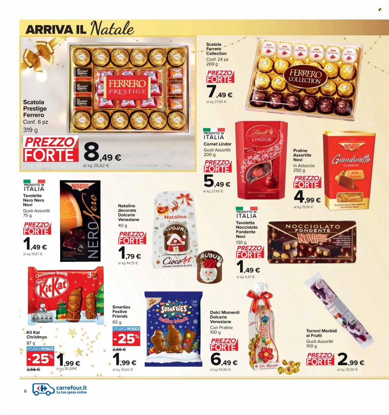 thumbnail - Volantino Carrefour - 29/11/2022 - 12/12/2022 - Prodotti in offerta - cioccolato, Smarties, torrone, praline, Kit Kat, Ferrero, astuccio. Pagina 6.