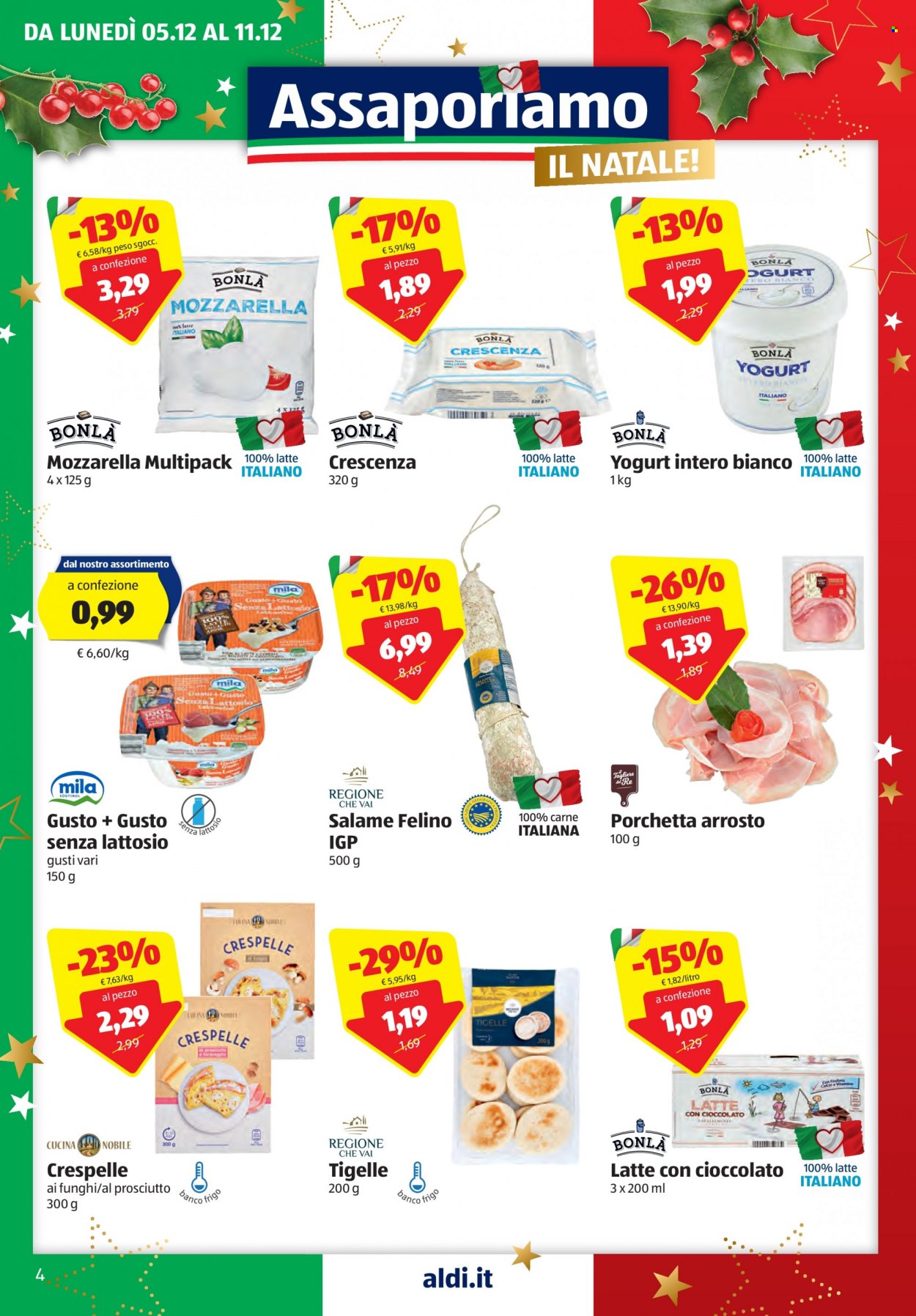 thumbnail - Volantino Aldi - 5/12/2022 - 11/12/2022 - Prodotti in offerta - crespelle, salame, porchetta, Salame Felino, formaggio, mozzarella, crescenza, yogurt, tagliere. Pagina 4.