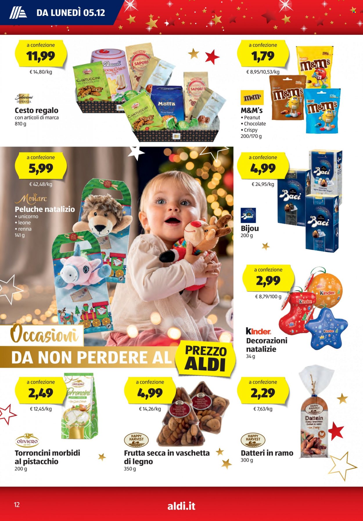 thumbnail - Volantino Aldi - 5/12/2022 - 11/12/2022 - Prodotti in offerta - Kinder, Motta, renna, cantuccini, torrone, M&M's, cioccolatini Baci, datteri, cesto regalo. Pagina 12.