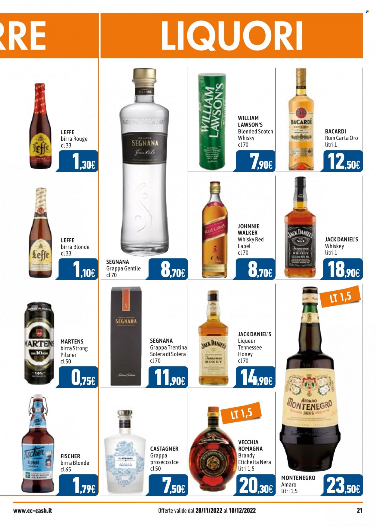 thumbnail - Volantino C+C Cash & Carry - 28/11/2022 - 10/12/2022 - Prodotti in offerta - Leffe, birra, birra tipo pilsner, Prosecco, brandy, rum, scotch whisky, whiskey, whisky, liquore, Jack Daniel's, Johnnie Walker, Bacardi, grappa, Vecchia Romagna. Pagina 21.