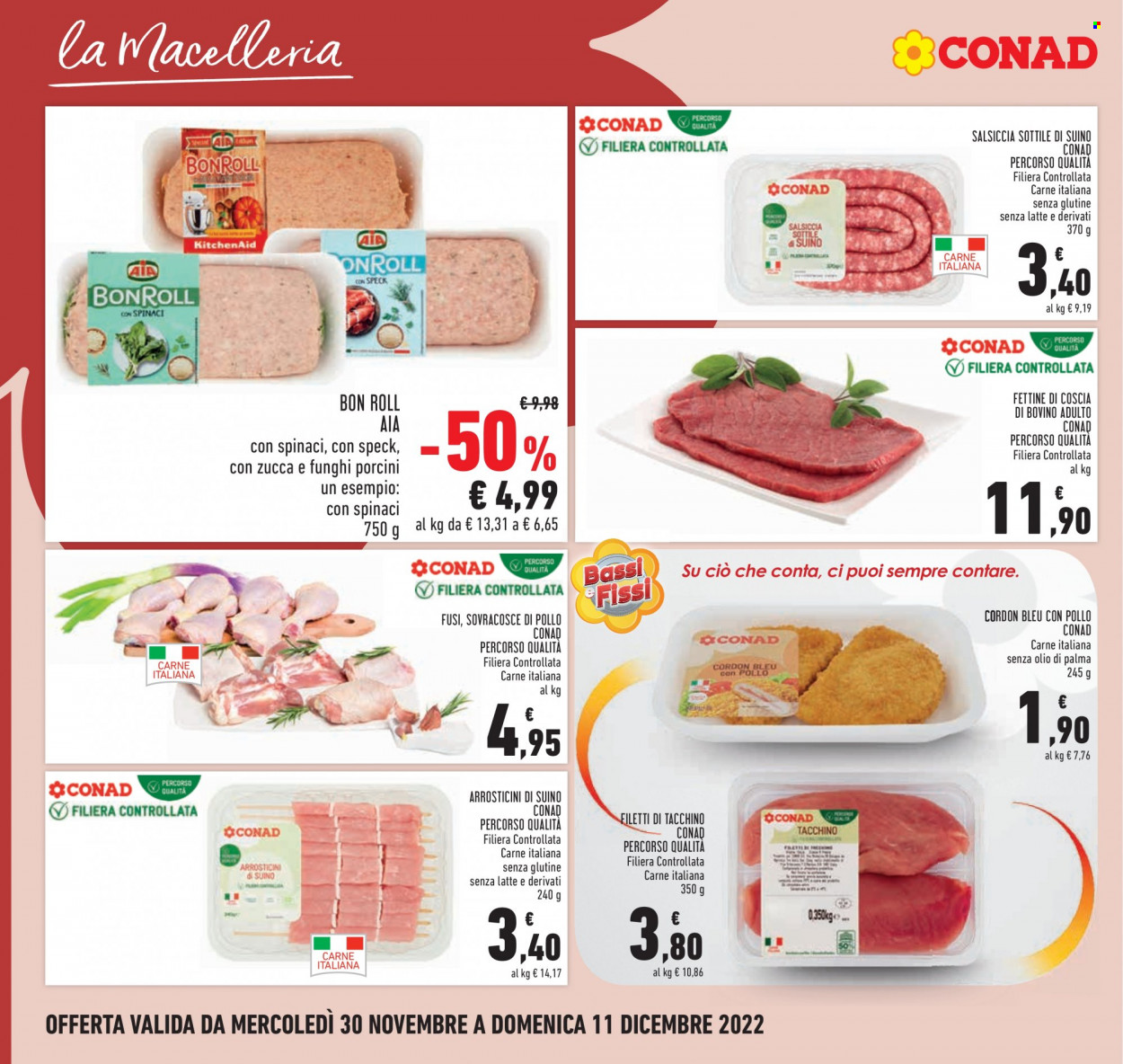 thumbnail - Volantino Conad - 30/11/2022 - 11/12/2022 - Prodotti in offerta - funghi porcini, AIA, manzo, salsiccia, BonRoll, suino, arrosticini, Cordon Bleu. Pagina 10.