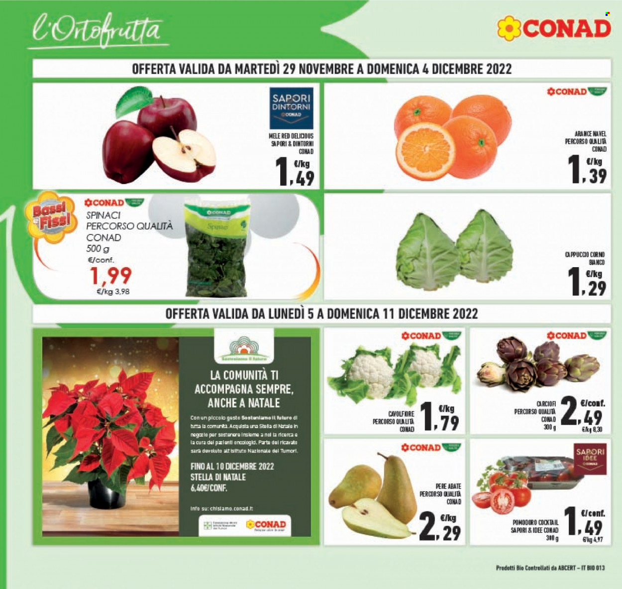 thumbnail - Volantino Conad - 29/11/2022 - 11/12/2022 - Prodotti in offerta - carciofi, cavolfiore, spinaci, pomodori, mele, arance, arancie Navel, pere, Red Delicious, stella di natale. Pagina 2.