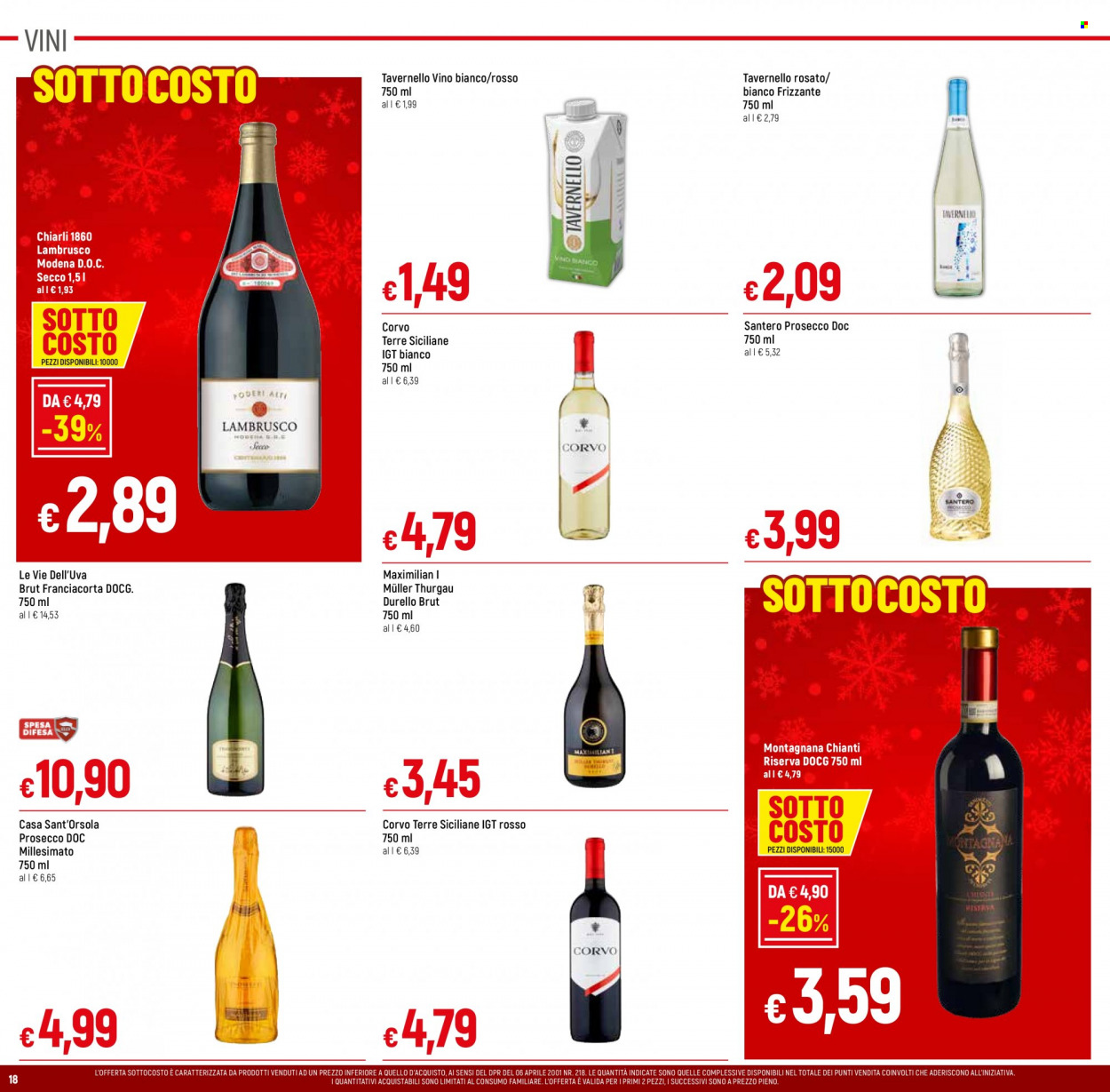 thumbnail - Volantino A&O - 1/12/2022 - 10/12/2022 - Prodotti in offerta - Corvo, vino bianco, Tavernello, Chianti, Prosecco, Lambrusco, Müller-Thurgau, vino. Pagina 18.