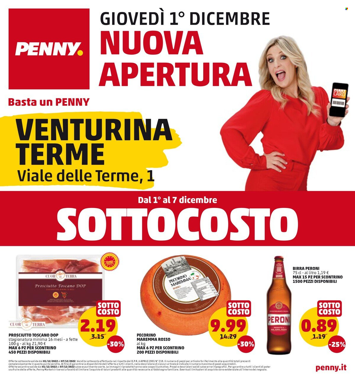 thumbnail - Volantino Penny Market - 1/12/2022 - 7/12/2022 - Prodotti in offerta - Peroni, birra, prosciutto, formaggio, pecorino. Pagina 1.