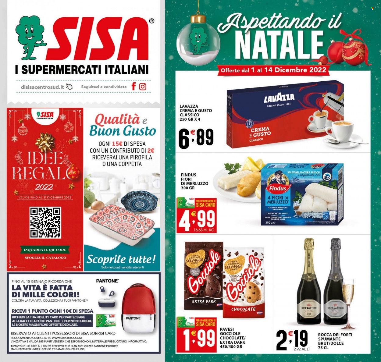 thumbnail - Volantino SISA - 1/12/2022 - 14/12/2022 - Prodotti in offerta - Findus, merluzzo, Pavesi, Lavazza, Spumante. Pagina 1.