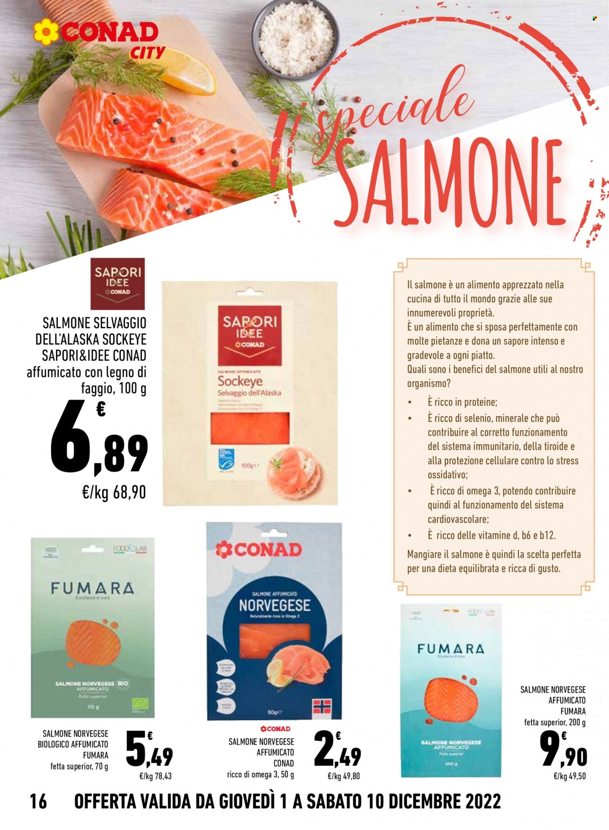 thumbnail - Volantino Conad - 1/12/2022 - 10/12/2022 - Prodotti in offerta - salmone affumicato, salmone norvegese affumicato, cellulare. Pagina 16.