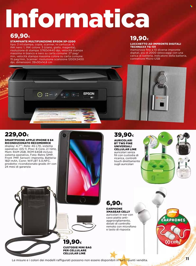 thumbnail - Volantino Coop - 1/12/2022 - 24/12/2022 - Prodotti in offerta - Apple, cellulare, smartphone, iPhone 8, iPhone, auricolare, stampante, Epson, scanner, cartucce. Pagina 11.