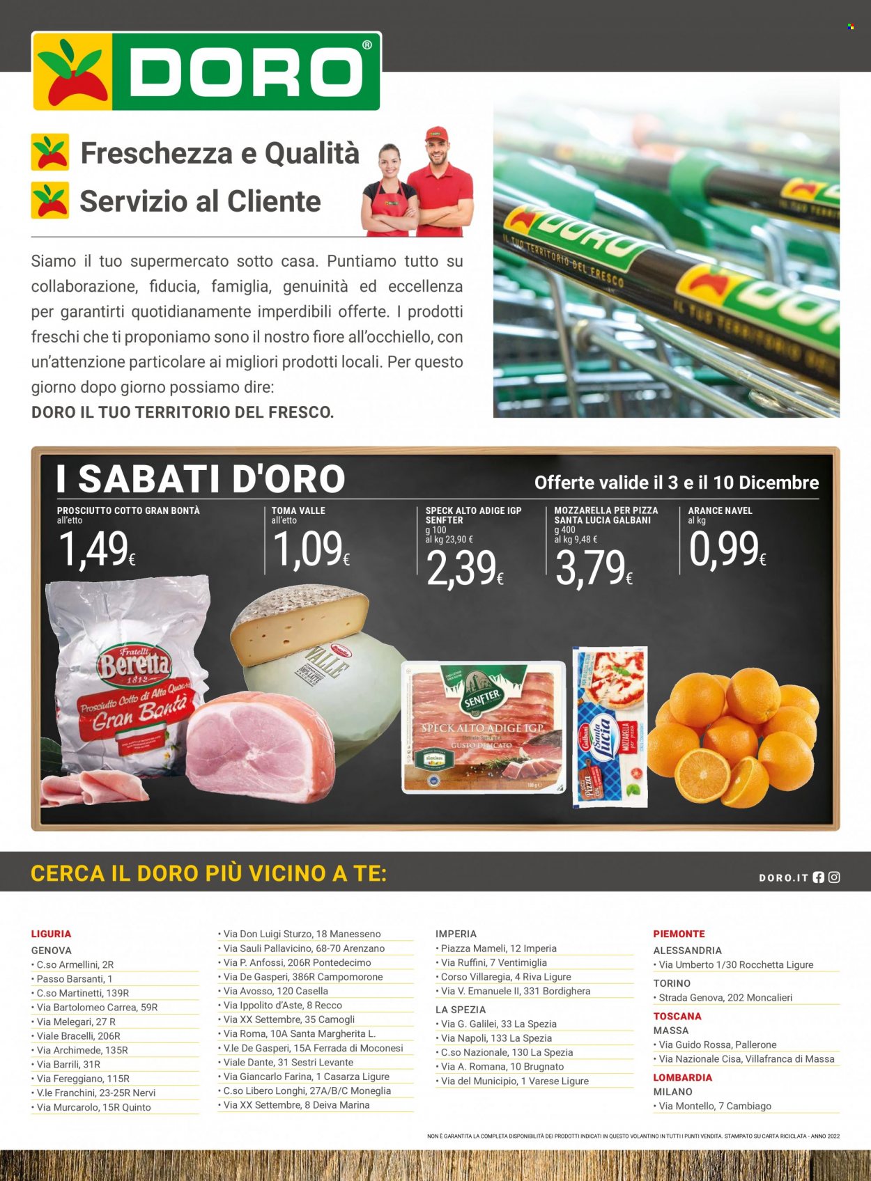 thumbnail - Volantino Doro Supermercati - 29/11/2022 - 11/12/2022 - Prodotti in offerta - arance, arancie Navel, Galbani, mozzarella, toma, farina, Rocchetta. Pagina 12.