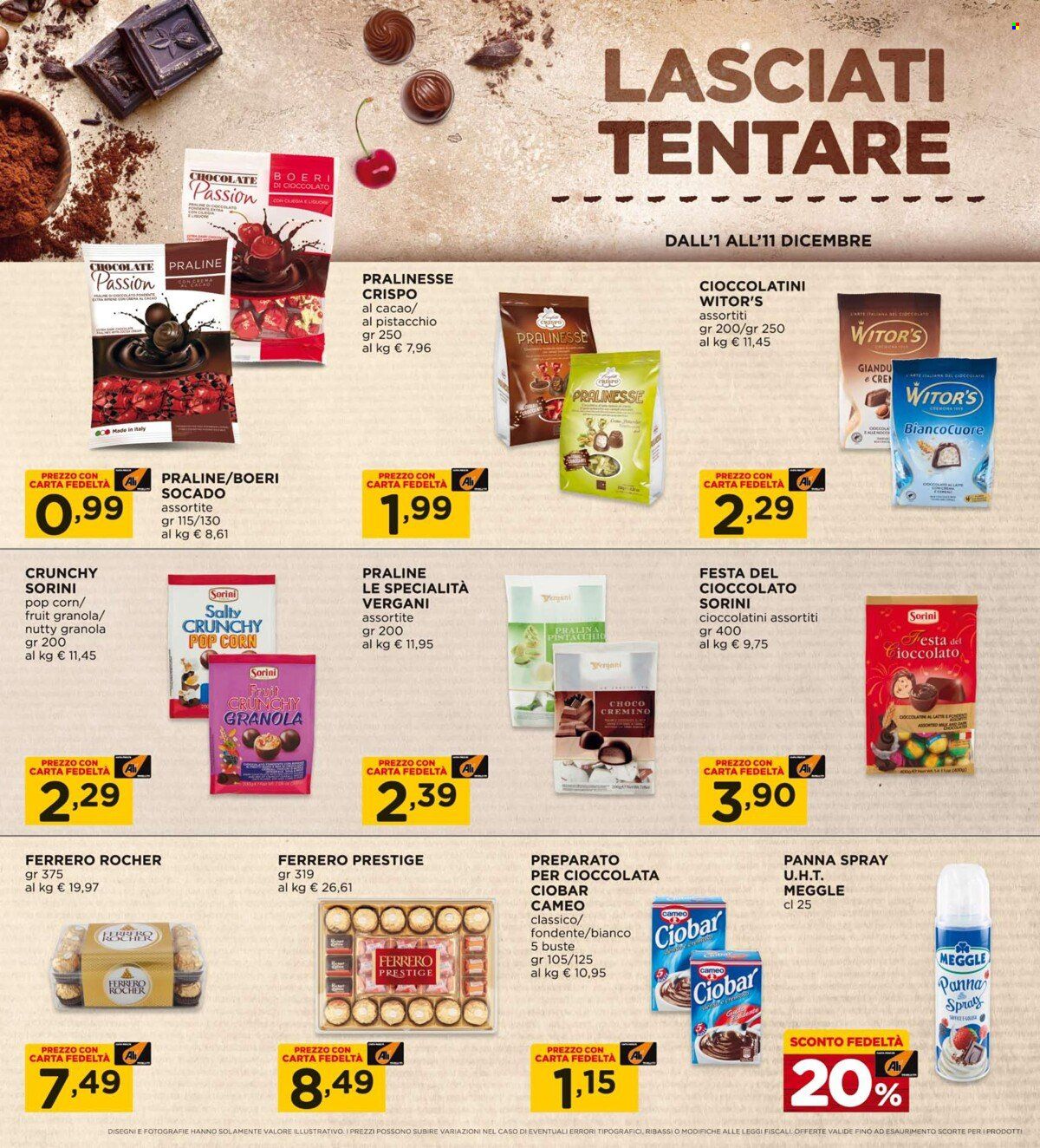 thumbnail - Volantino Alì Supermercati - 1/12/2022 - 11/12/2022 - Prodotti in offerta - Cameo, panna, panna montata spray, Ferrero Rocher, praline, cioccolatini, Ferrero, granola, Ciobar. Pagina 12.