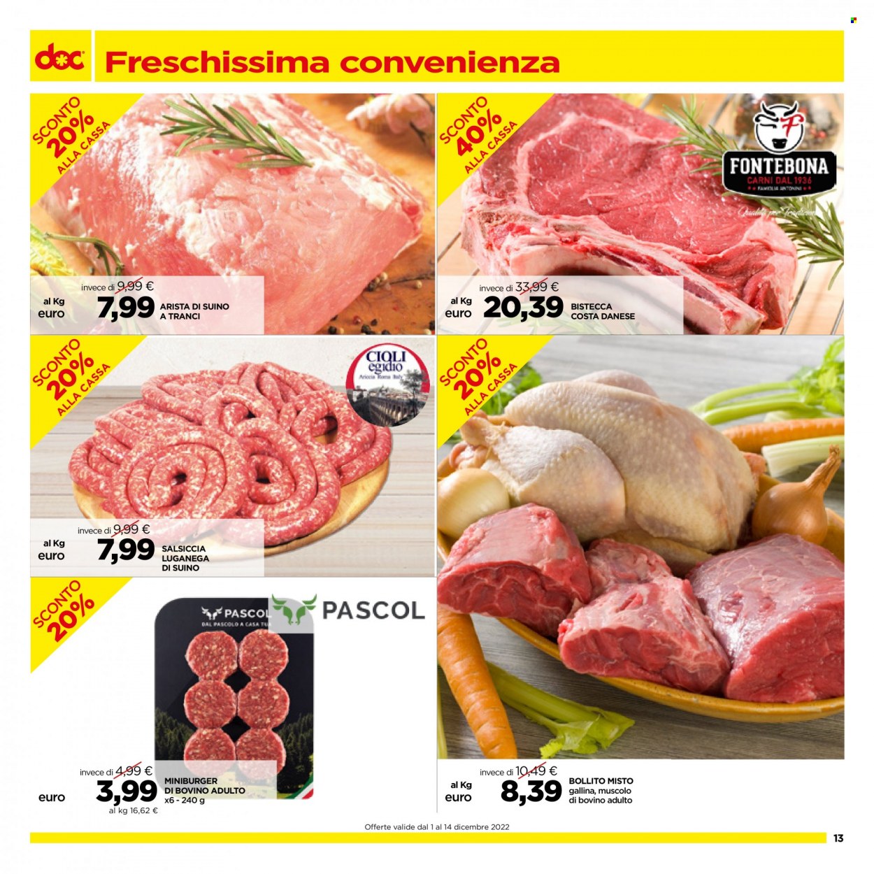 thumbnail - Volantino doc supermercati - 1/12/2022 - 14/12/2022 - Prodotti in offerta - bistecca, manzo, salsiccia, arista, suino. Pagina 13.