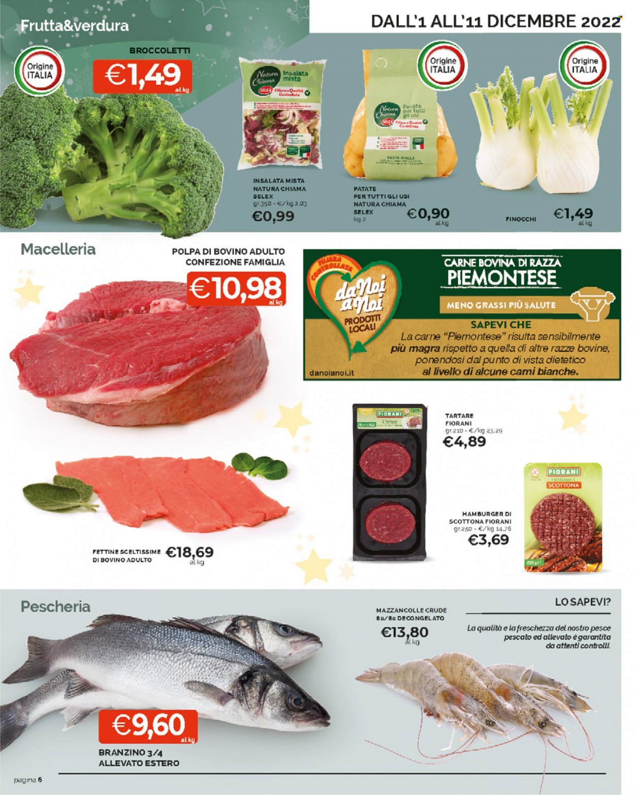 thumbnail - Volantino Mercatò - 1/12/2022 - 11/12/2022 - Prodotti in offerta - insalata mista, manzo, polpa di manzo, scottona, hamburger, branzino, spigola, pesce, mazzancolle. Pagina 6.