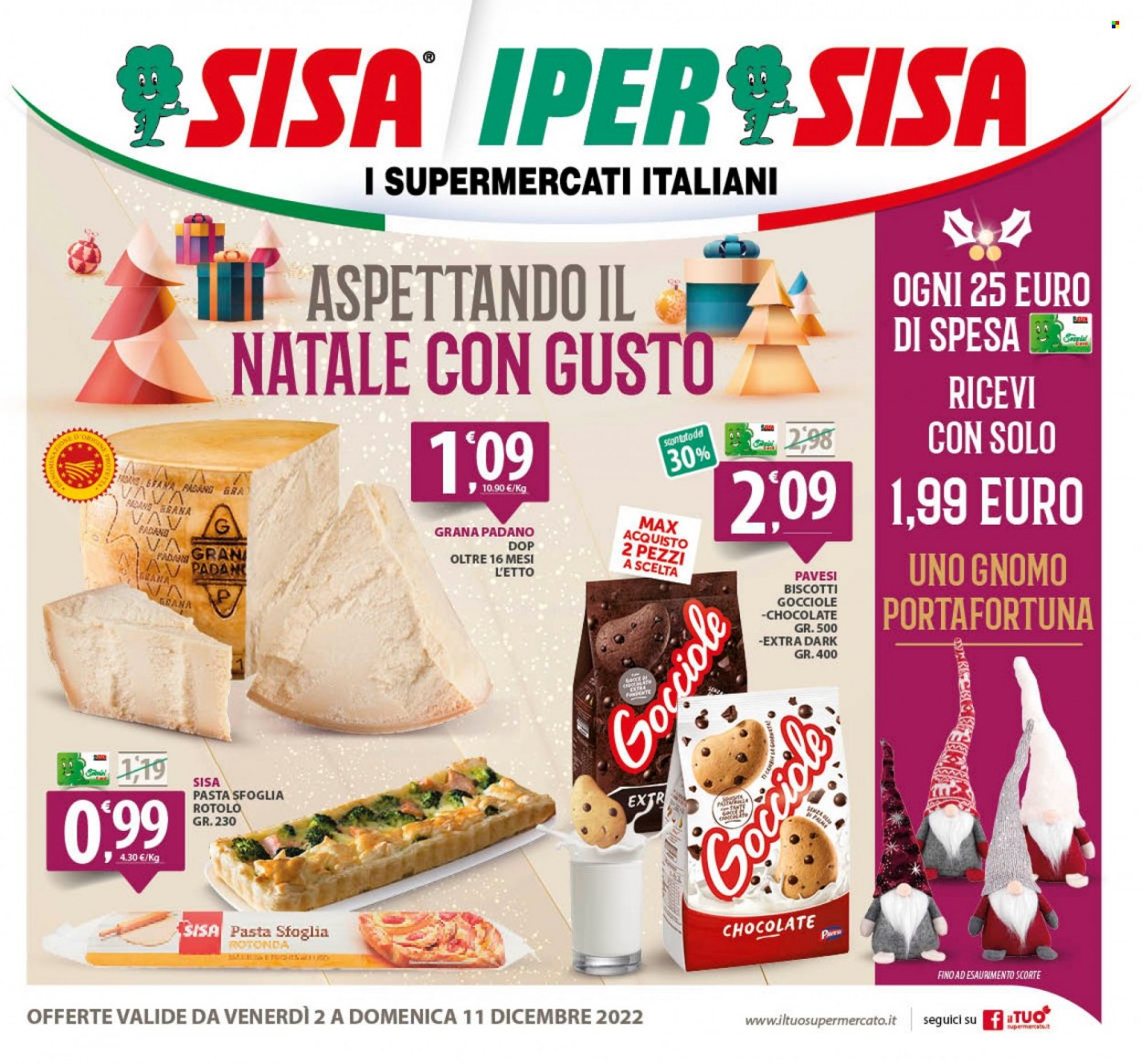 thumbnail - Volantino SISA - 2/12/2022 - 11/12/2022 - Prodotti in offerta - formaggio, Grana Padano, pasta sfoglia, biscotti, Pavesi, olio. Pagina 1.