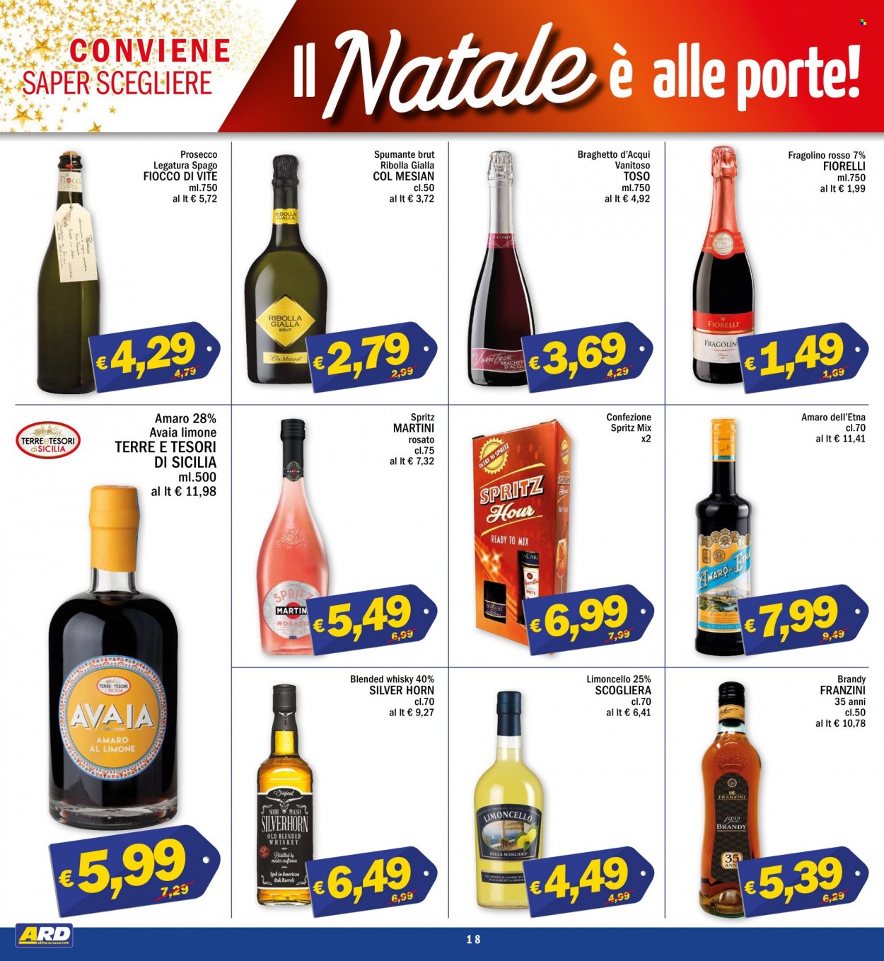 thumbnail - Volantino ARD Discount - 2/12/2022 - 11/12/2022 - Prodotti in offerta - Martini, vino bianco, Spumante, Prosecco, vino, Ribolla Gialla, brandy, whiskey, whisky, Limoncello. Pagina 18.