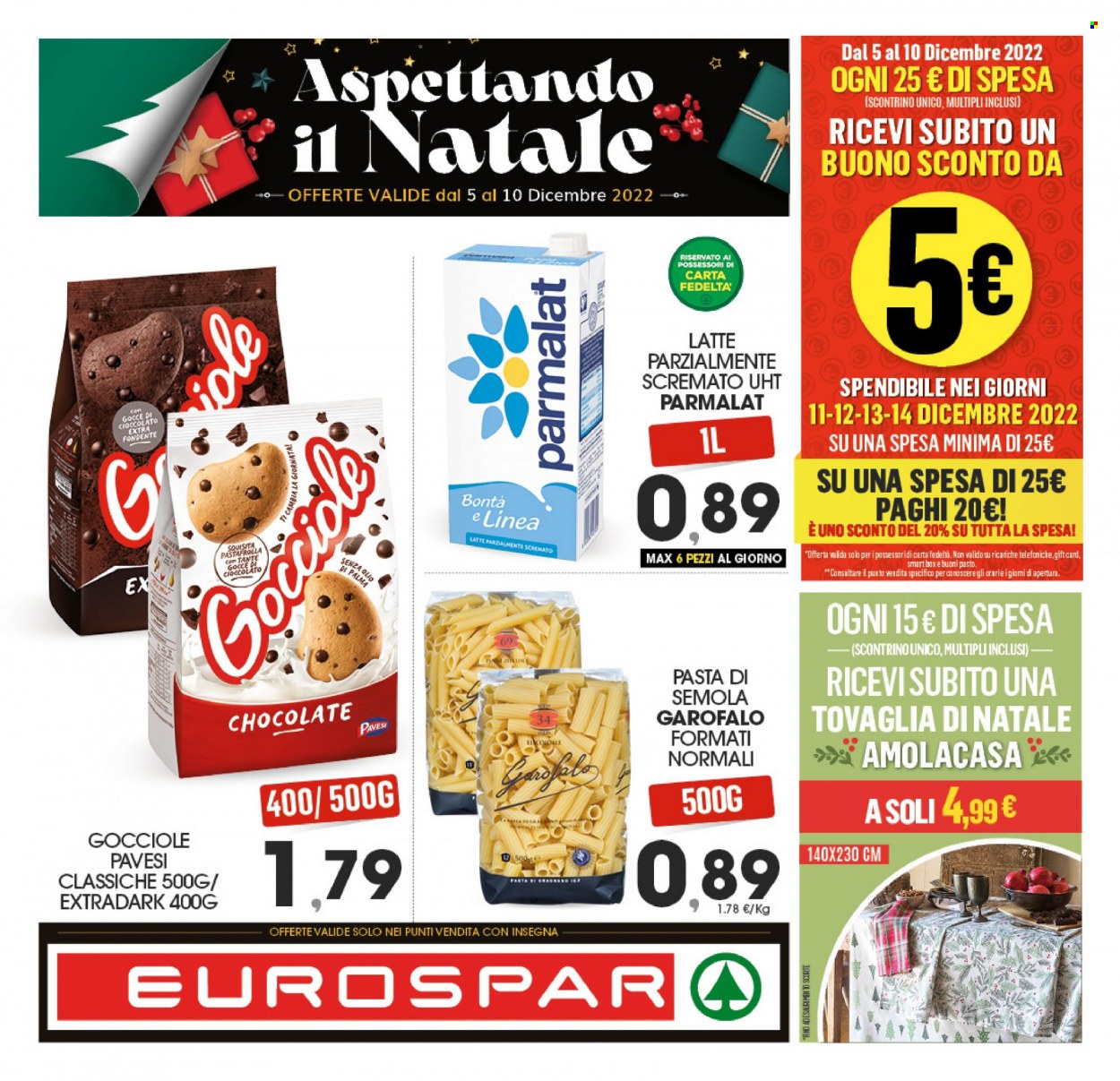 thumbnail - Volantino Eurospar - 5/12/2022 - 10/12/2022 - Prodotti in offerta - Parmalat, latte parzialmente scremato, Pavesi, Garofalo, pasta, tovaglia. Pagina 1.