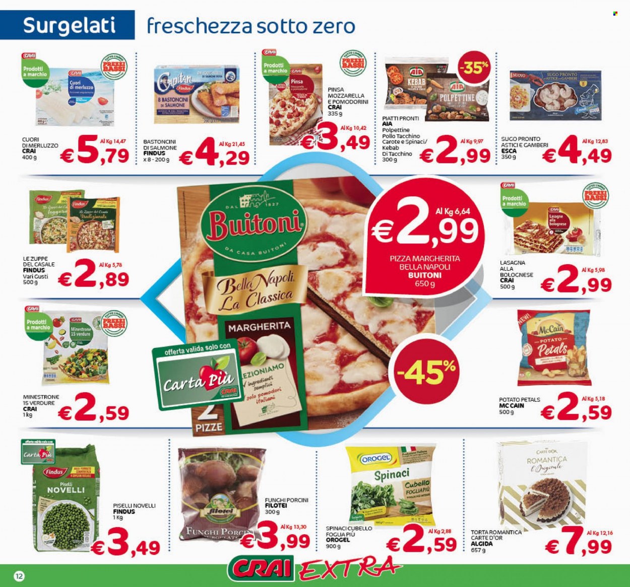 thumbnail - Volantino CRAI - 5/12/2022 - 14/12/2022 - Prodotti in offerta - funghi porcini, Buitoni, torta, Carte d'Or, piselli, piselli novelli, AIA, polpettine, Findus, merluzzo, gamberi, minestrone, sugo, sugo pronto, lasagne, kebab, gelato, Algida, Orogel, bastoncini di pesce, McCain, patatine fritte, pizza, pizza Margherita. Pagina 12.