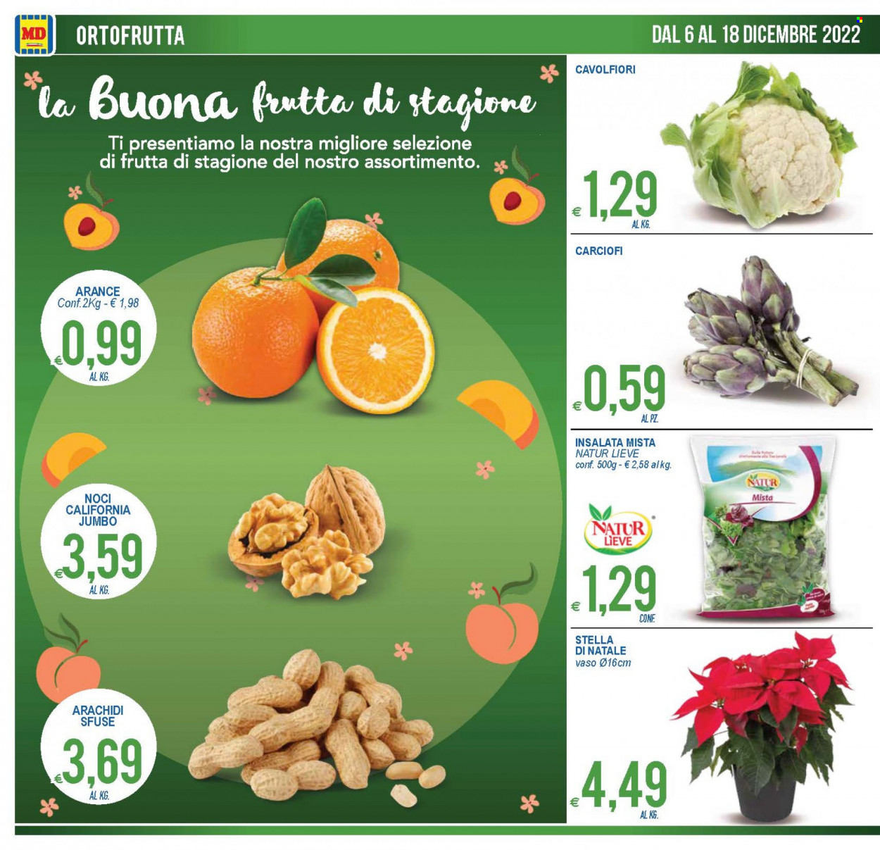 thumbnail - Volantino MD Discount - 6/12/2022 - 18/12/2022 - Prodotti in offerta - insalata mista, carciofi, cavolfiore, arance, arachidi, noci, stella di natale. Pagina 8.