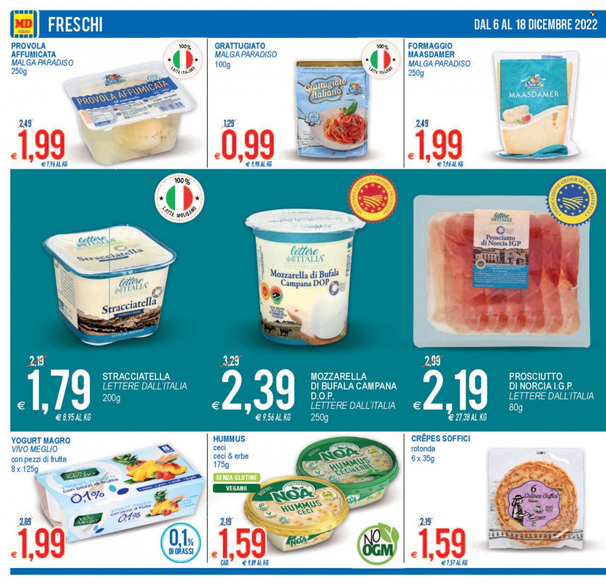 thumbnail - Volantino MD Discount - 6/12/2022 - 18/12/2022 - Prodotti in offerta - prosciutto, hummus, formaggio, mozzarella, provola, mozzarella di bufala, formaggio grattugiato, yogurt, latte. Pagina 12.