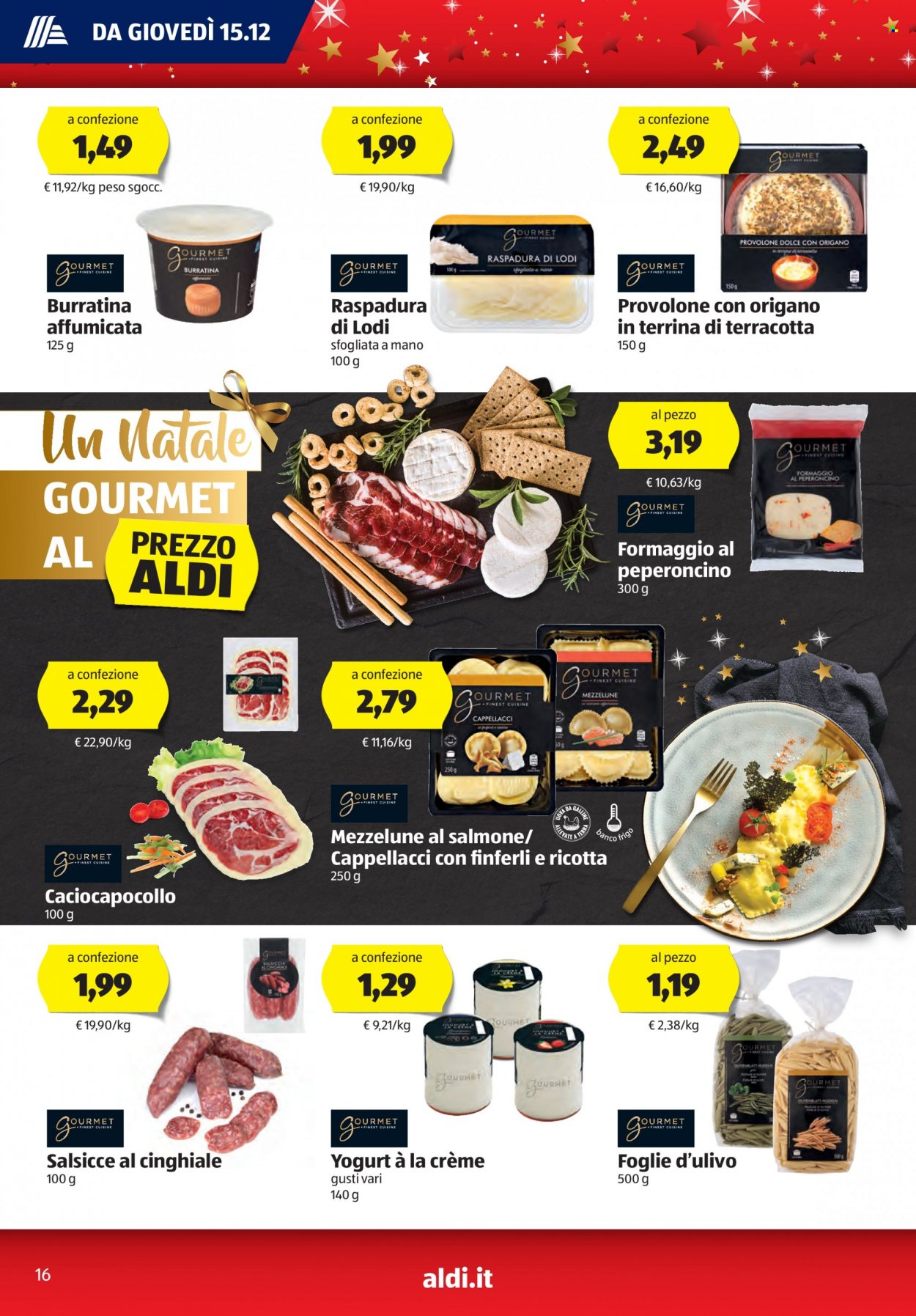 thumbnail - Volantino Aldi - 15/12/2022 - 24/12/2022 - Prodotti in offerta - funghi finferli, salsiccia, cinghiale, provolone, yogurt. Pagina 16.