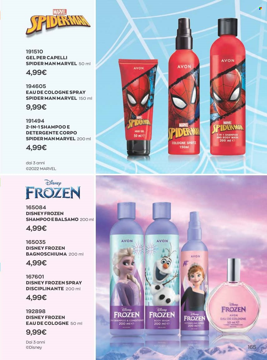 thumbnail - Volantino Avon - 1/1/2023 - 31/1/2023 - Prodotti in offerta - Disney, Frozen, Spiderman, bagnoschiuma, detergente corpo, balsamo, shampoo, acqua di colonia. Pagina 125.