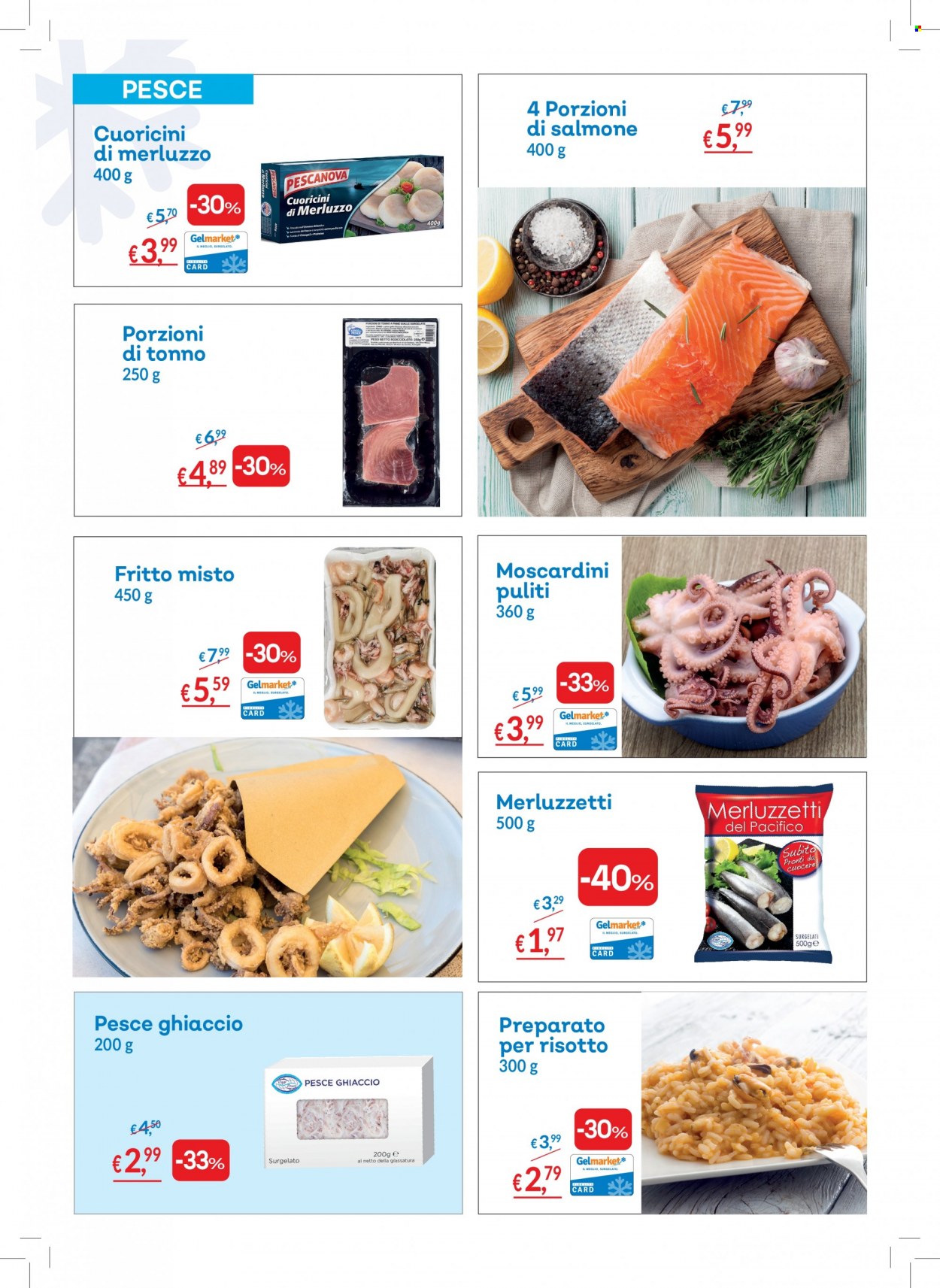 thumbnail - Volantino Gelmarket - 5/1/2023 - 1/2/2023 - Prodotti in offerta - salmone, pesce, merluzzo, tonno, moscardini, fritto misto, preparato per risotto, ghiaccio. Pagina 4.