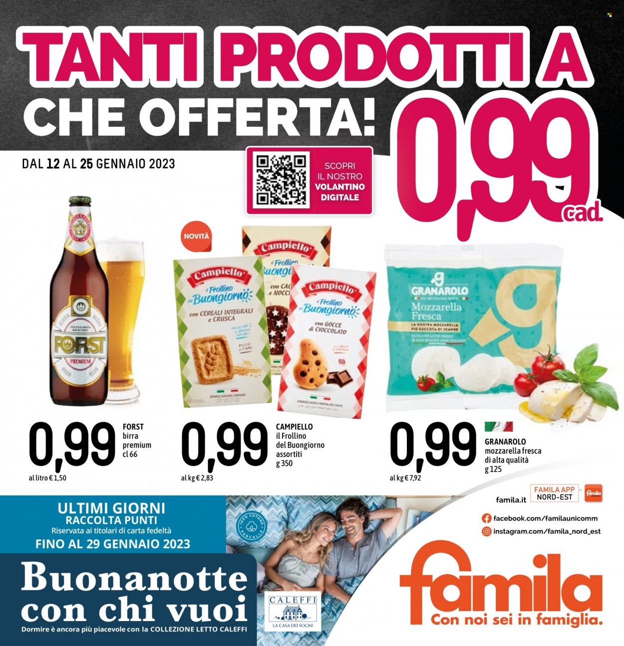 Volantino Famila - 12/1/2023 - 25/1/2023 - Prodotti in offerta - birra, Granarolo, formaggio, mozzarella, latte, Campiello. Pagina 1.