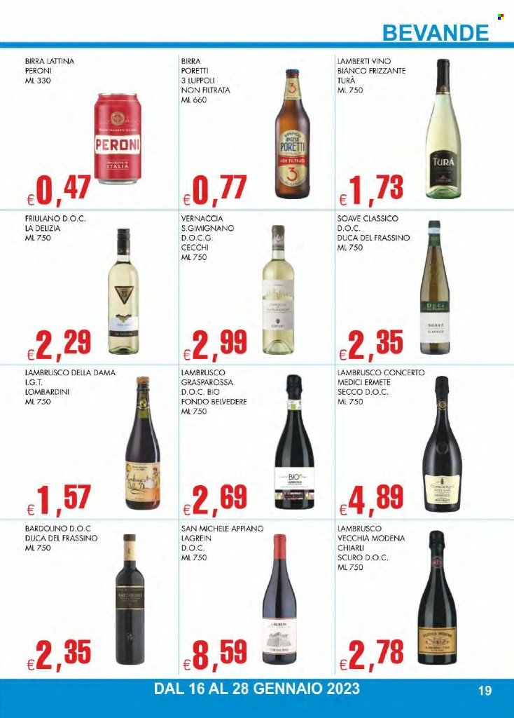 thumbnail - Volantino AltaSfera Cash & Carry - 16/1/2023 - 28/1/2023 - Prodotti in offerta - Peroni, Angelo Poretti, birra, vino bianco, Lambrusco, vino, Soave, Bardolino. Pagina 19.
