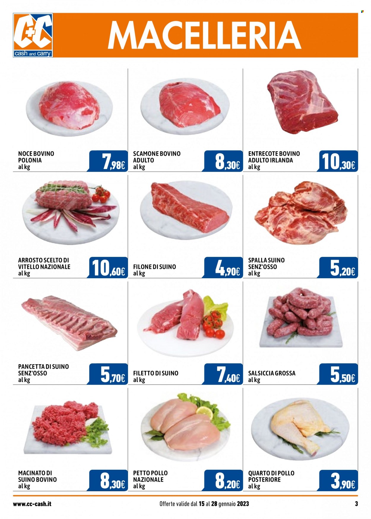 thumbnail - Volantino C+C Cash & Carry - 15/1/2023 - 28/1/2023 - Prodotti in offerta - entrecôte, manzo, vitello, salsiccia, carne macinata, macinato di suino, filetto di suino, pancetta. Pagina 3.
