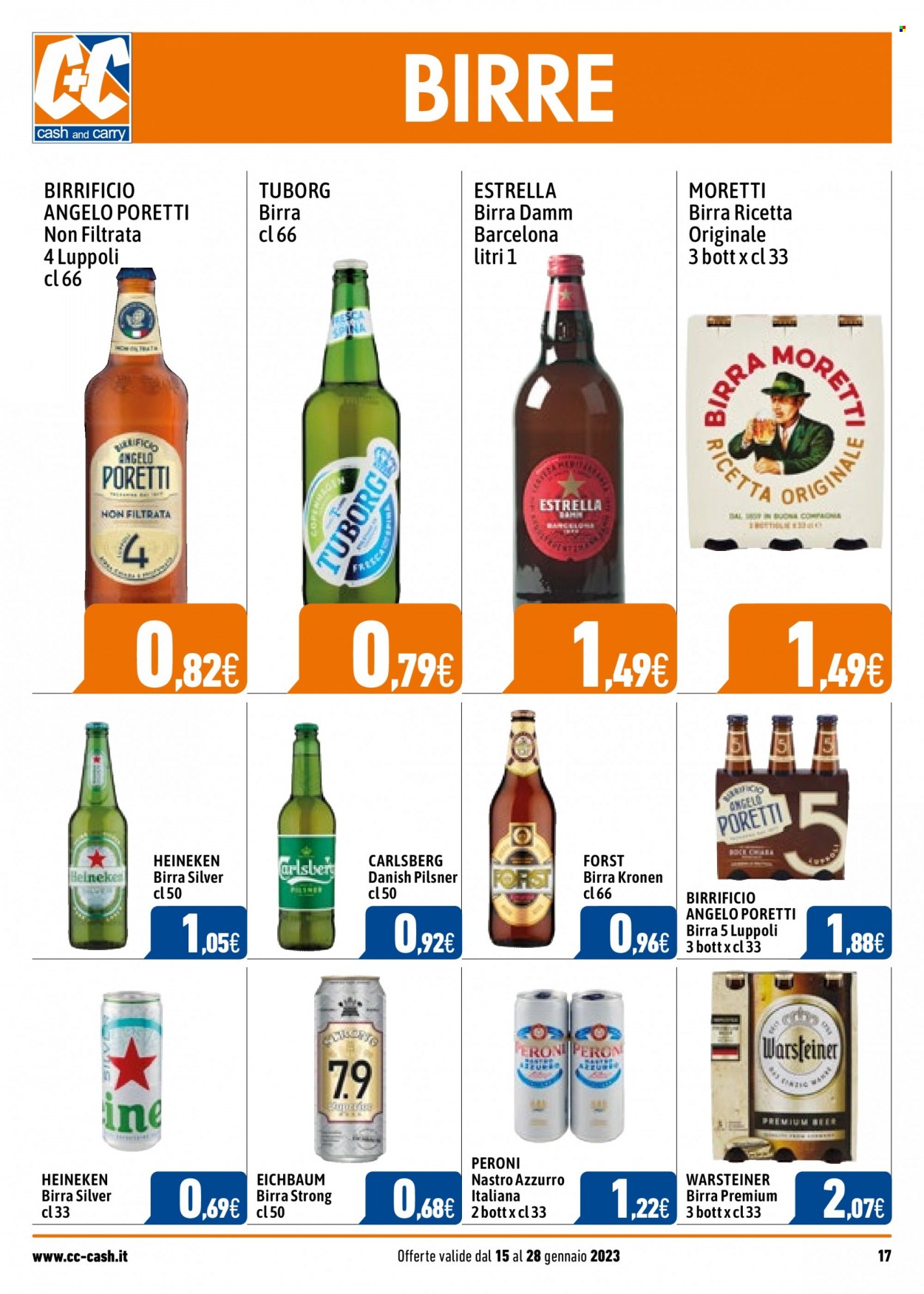 thumbnail - Volantino C+C Cash & Carry - 15/1/2023 - 28/1/2023 - Prodotti in offerta - Heineken, Birra Moretti, Peroni, Angelo Poretti, birra, Tuborg, Warsteiner, birra tipo pilsner, Nastro Azzurro. Pagina 17.