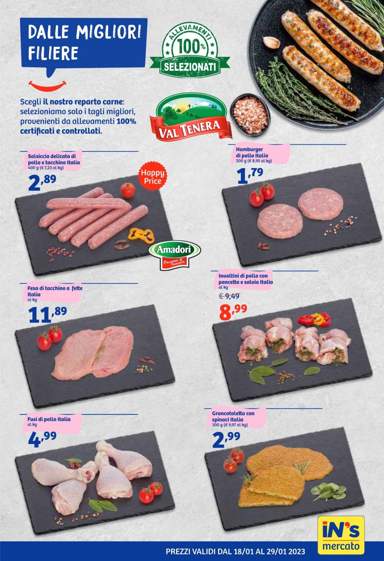 thumbnail - Volantino iN's Mercato - 18/1/2023 - 29/1/2023 - Prodotti in offerta - petto di tacchino, fusi di pollo, Amadori, salsiccia, hamburger, hamburger di pollo, involtini. Pagina 9.