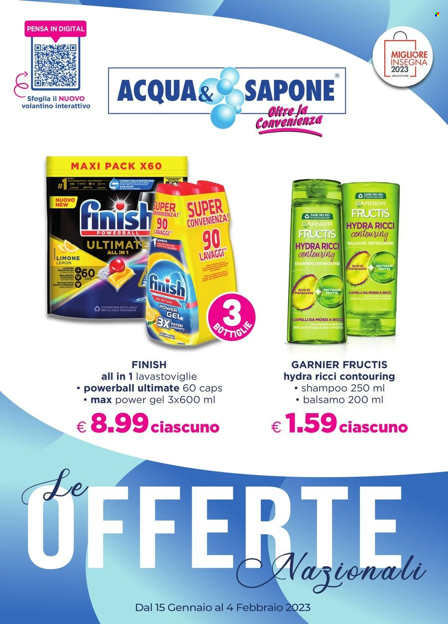 thumbnail - Volantino Acqua & Sapone - 15/1/2023 - 4/2/2023 - Prodotti in offerta - Garnier, Finish, sapone, balsamo, shampoo, Fructis. Pagina 1.