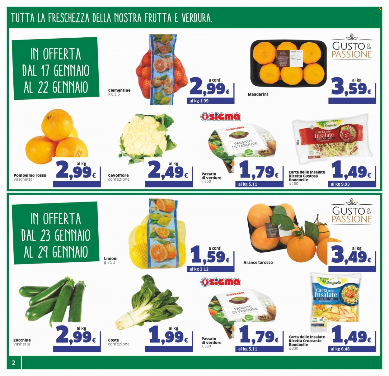 thumbnail - Volantino Sigma - 17/1/2023 - 29/1/2023 - Prodotti in offerta - Bonduelle, cavolfiore, zucchine, limoni, arance, clementine, mandarini, pompelmo, pesce. Pagina 2.