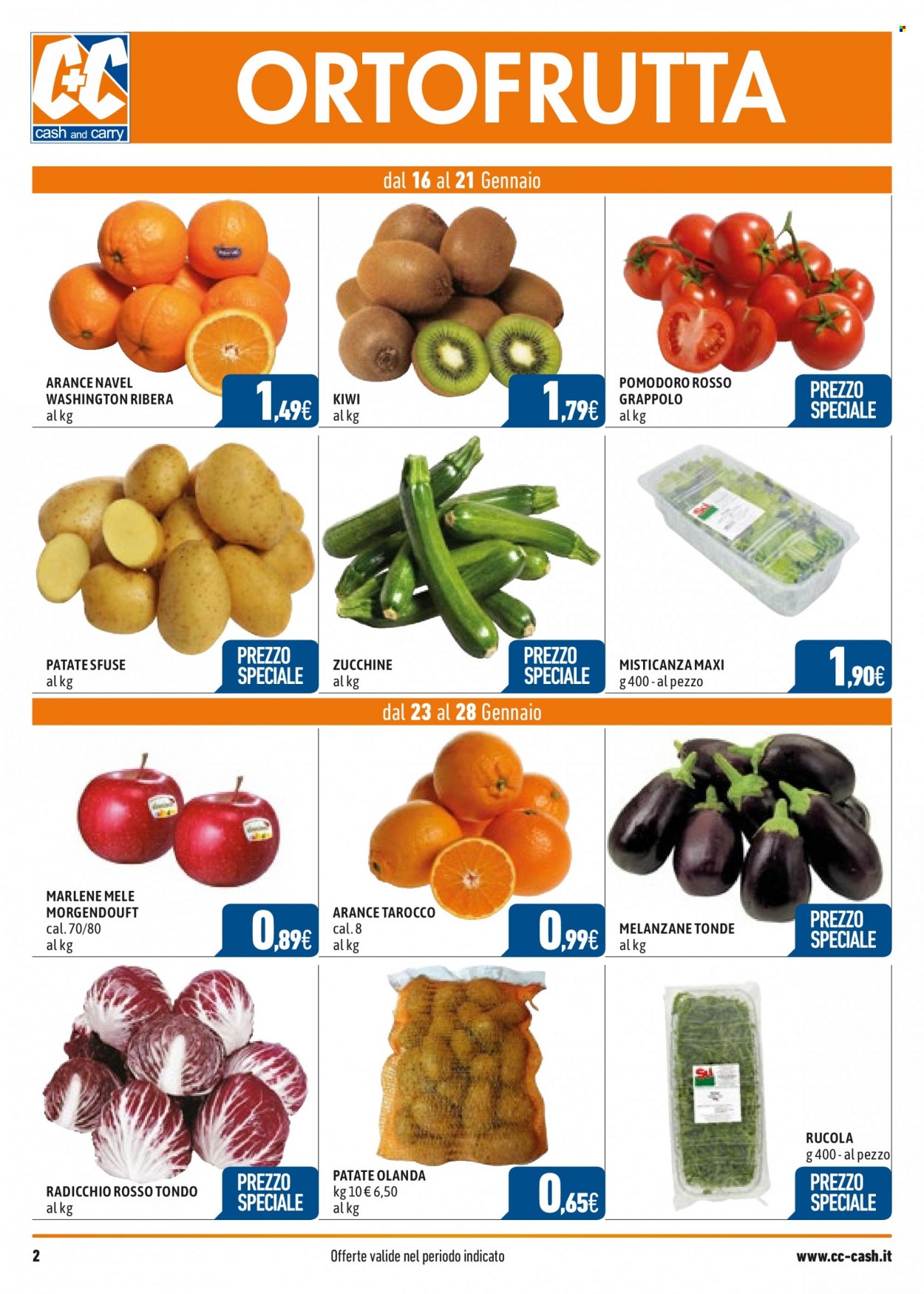 thumbnail - Volantino C+C Cash & Carry - 16/1/2023 - 28/1/2023 - Prodotti in offerta - melanzane, patate, radicchio, rucola, zucchine, pomodori, mele, arance, arancie Navel, kiwi. Pagina 2.