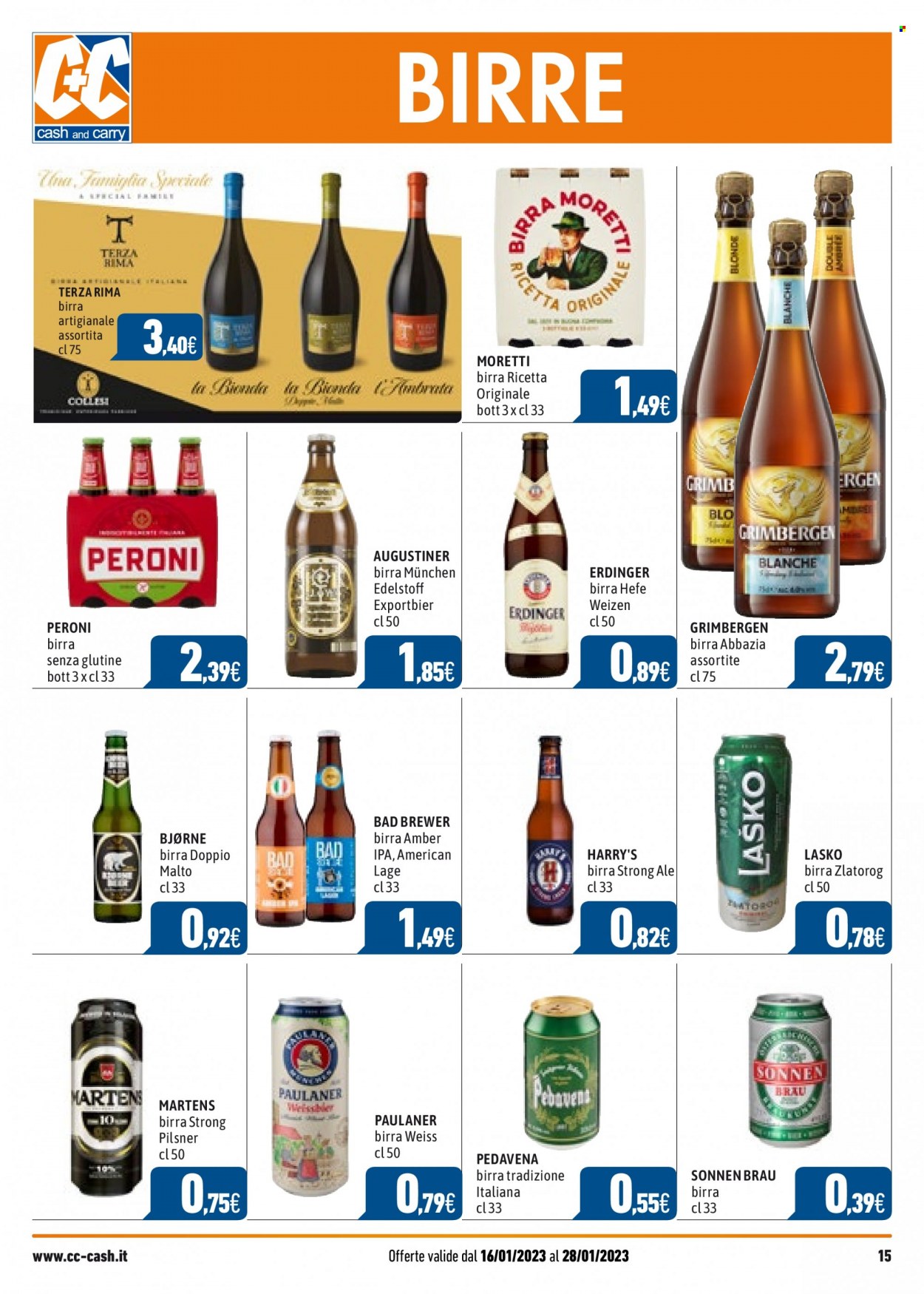 thumbnail - Volantino C+C Cash & Carry - 16/1/2023 - 28/1/2023 - Prodotti in offerta - Birra Moretti, Peroni, birra, birra tipo IPA, birra di frumento, Paulaner, birra tipo pilsner, birra senza glutine. Pagina 15.