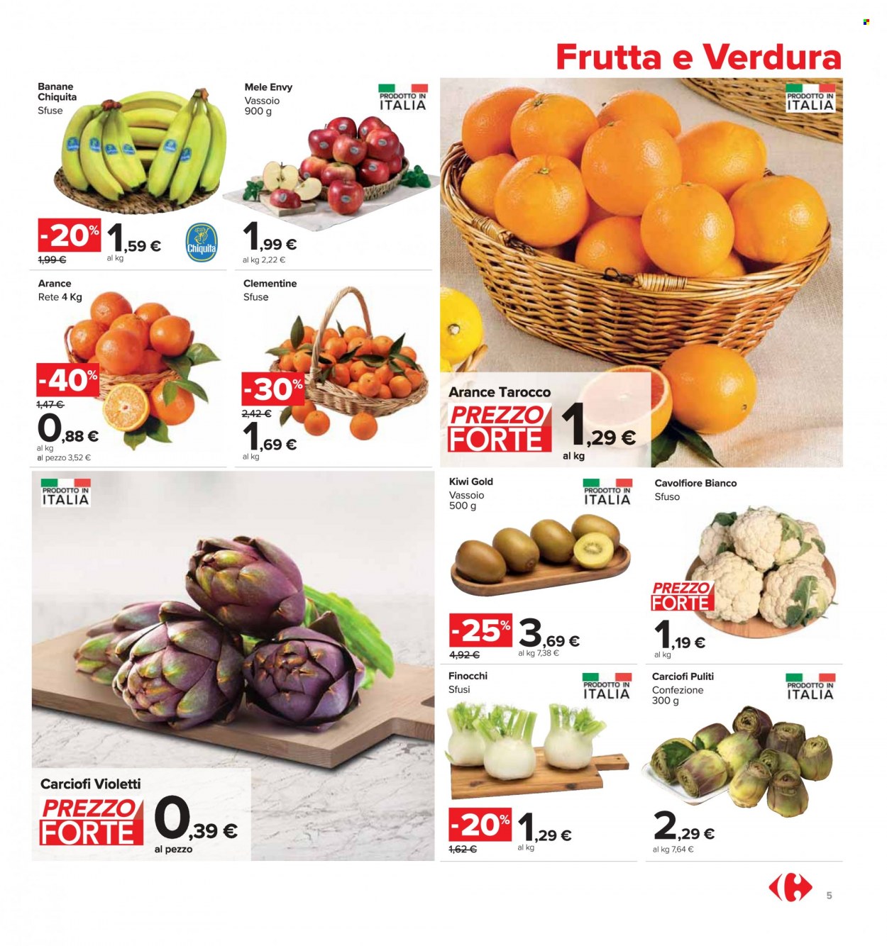 thumbnail - Volantino Carrefour - 19/1/2023 - 2/2/2023 - Prodotti in offerta - carciofi, cavolfiore, finocchio, banane, mele, arance, clementine, kiwi, Chiquita. Pagina 5.