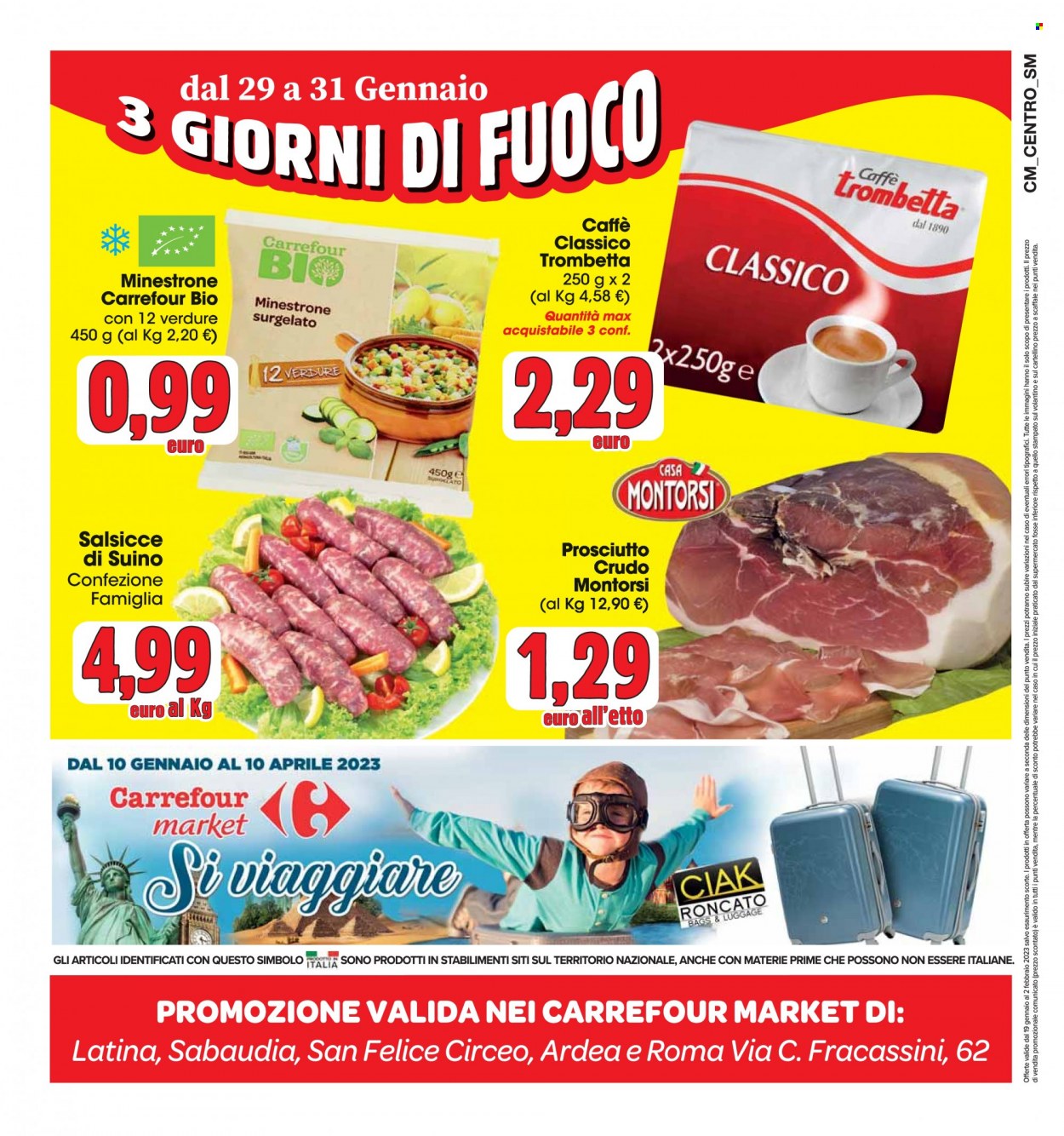 thumbnail - Volantino Carrefour - 19/1/2023 - 2/2/2023 - Prodotti in offerta - salsiccia, suino, minestrone, prosciutto, prosciutto crudo, Casa Montorsi, caffè. Pagina 16.