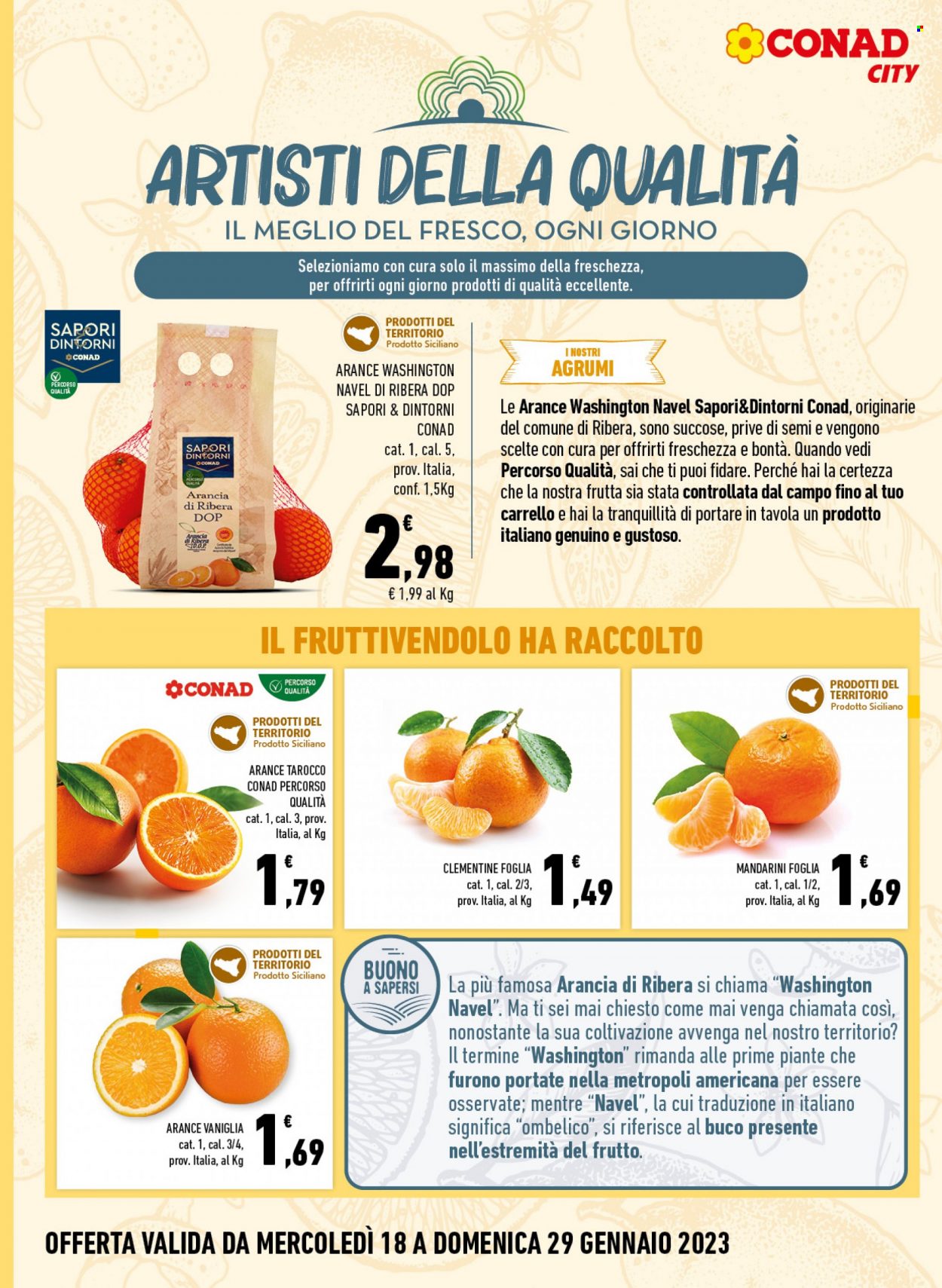 thumbnail - Volantino Conad - 18/1/2023 - 29/1/2023 - Prodotti in offerta - arancie Navel, clementine, mandarini, vaniglia. Pagina 4.