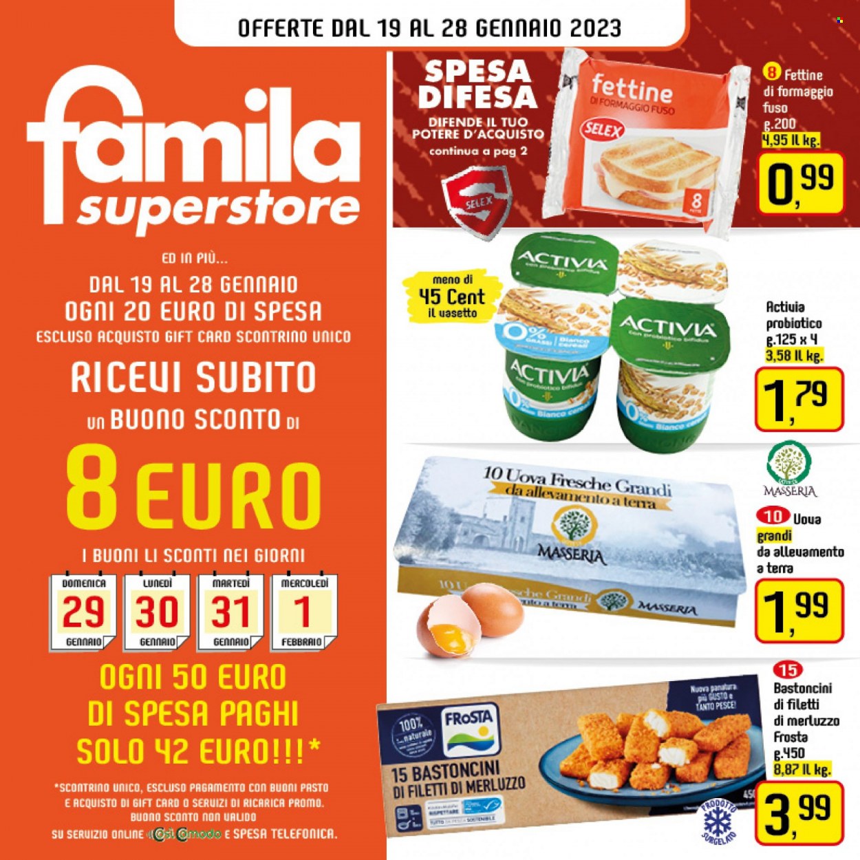 thumbnail - Volantino Famila - 19/1/2023 - 28/1/2023 - Prodotti in offerta - filetti di merluzzo, pesce, merluzzo, Frosta, bastoncini, Activia, uova, bastoncini di pesce. Pagina 1.