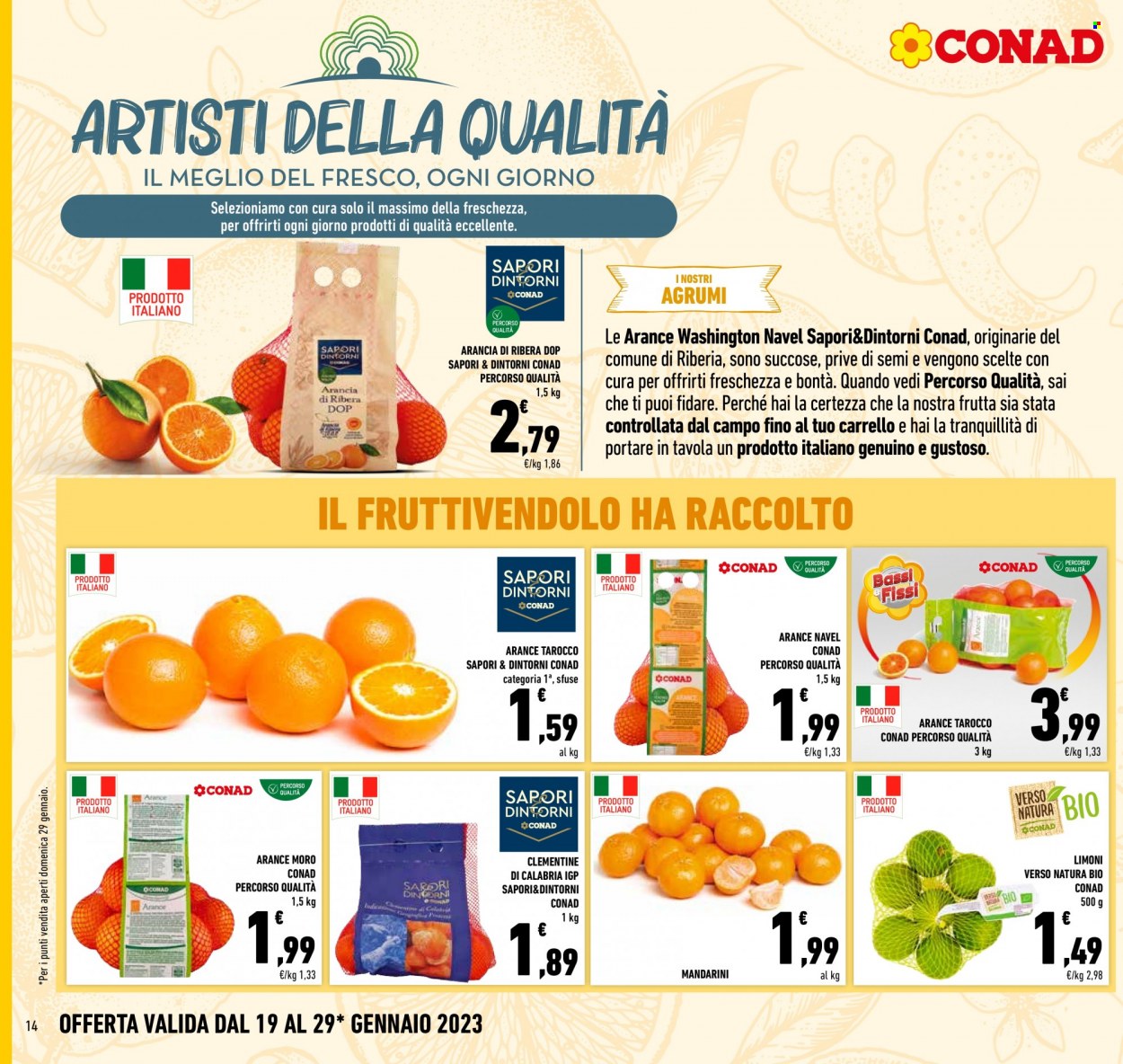 thumbnail - Volantino Conad - 19/1/2023 - 29/1/2023 - Prodotti in offerta - limoni, arancie Navel, clementine, mandarini. Pagina 14.