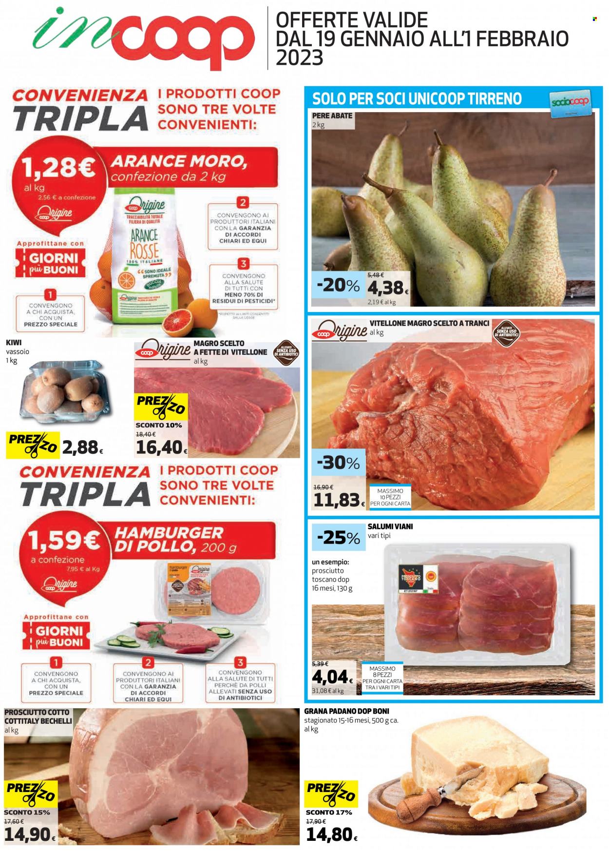 thumbnail - Volantino Coop - 19/1/2023 - 1/2/2023 - Prodotti in offerta - pere, kiwi, vitellone, hamburger, prosciutto, prosciutto cotto, formaggio, Grana Padano, spremuta. Pagina 2.
