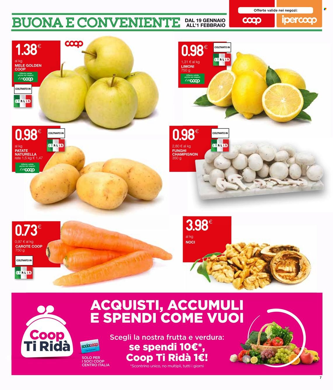 thumbnail - Volantino Coop - 19/1/2023 - 1/2/2023 - Prodotti in offerta - funghi champignon, patate, carote, Naturella, mele, limoni, noci. Pagina 9.