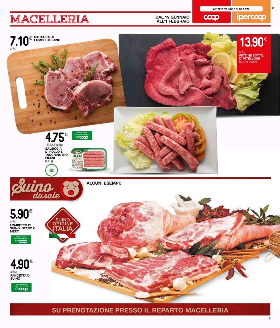 thumbnail - Volantino Coop - 19/1/2023 - 1/2/2023 - Prodotti in offerta - bistecca, manzo, vitellone, salsiccia, lombo di suino, pancetta. Pagina 11.