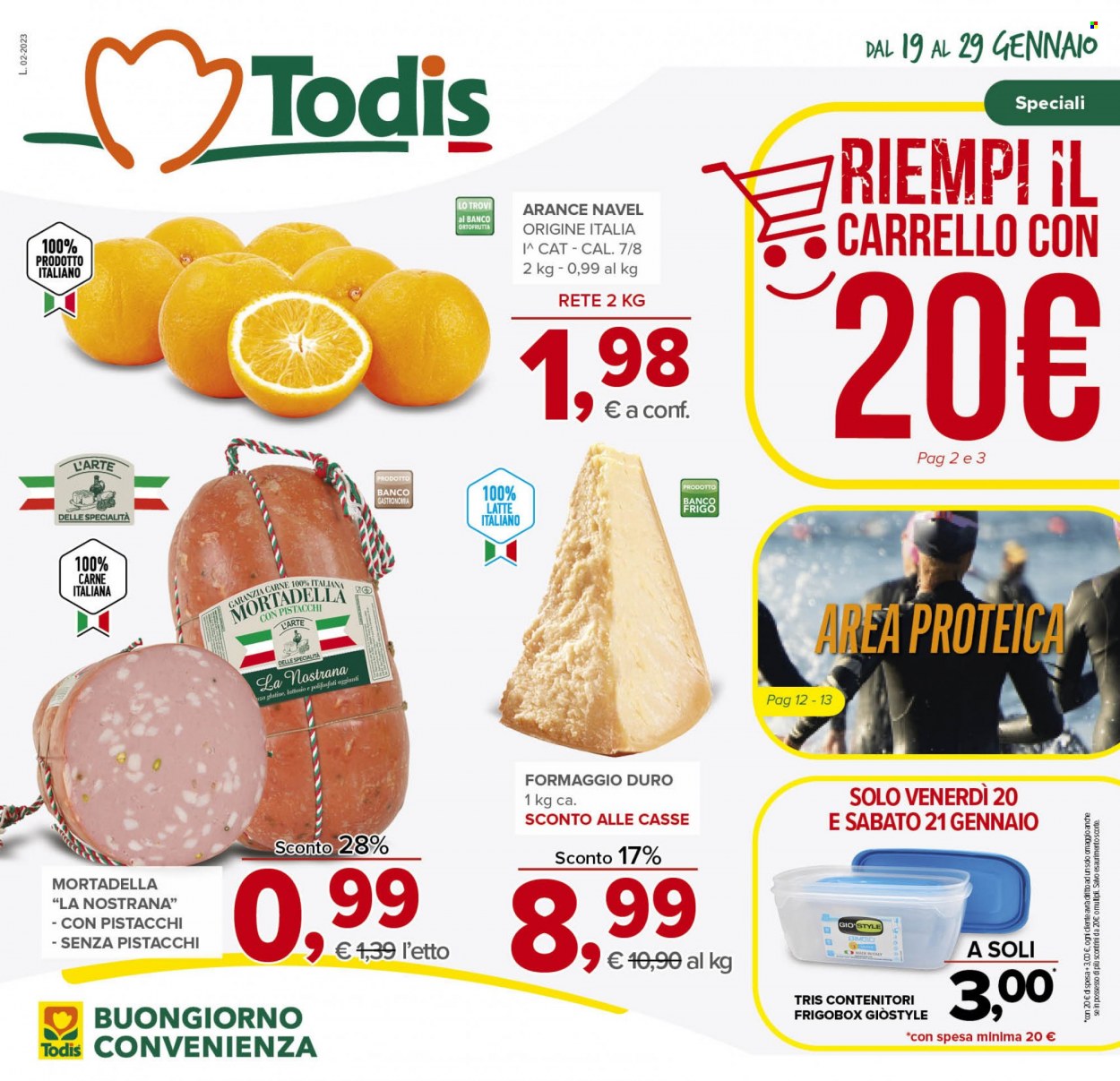 thumbnail - Volantino Todis - 19/1/2023 - 29/1/2023 - Prodotti in offerta - arance, arancie Navel, mortadella, formaggio, Gio’Style, contenitore, carrello. Pagina 1.