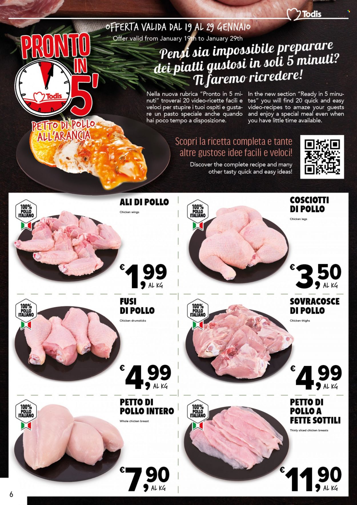 thumbnail - Volantino Todis - 19/1/2023 - 29/1/2023 - Prodotti in offerta - alette di pollo, petto di pollo, fusi di pollo, pollo intero. Pagina 6.