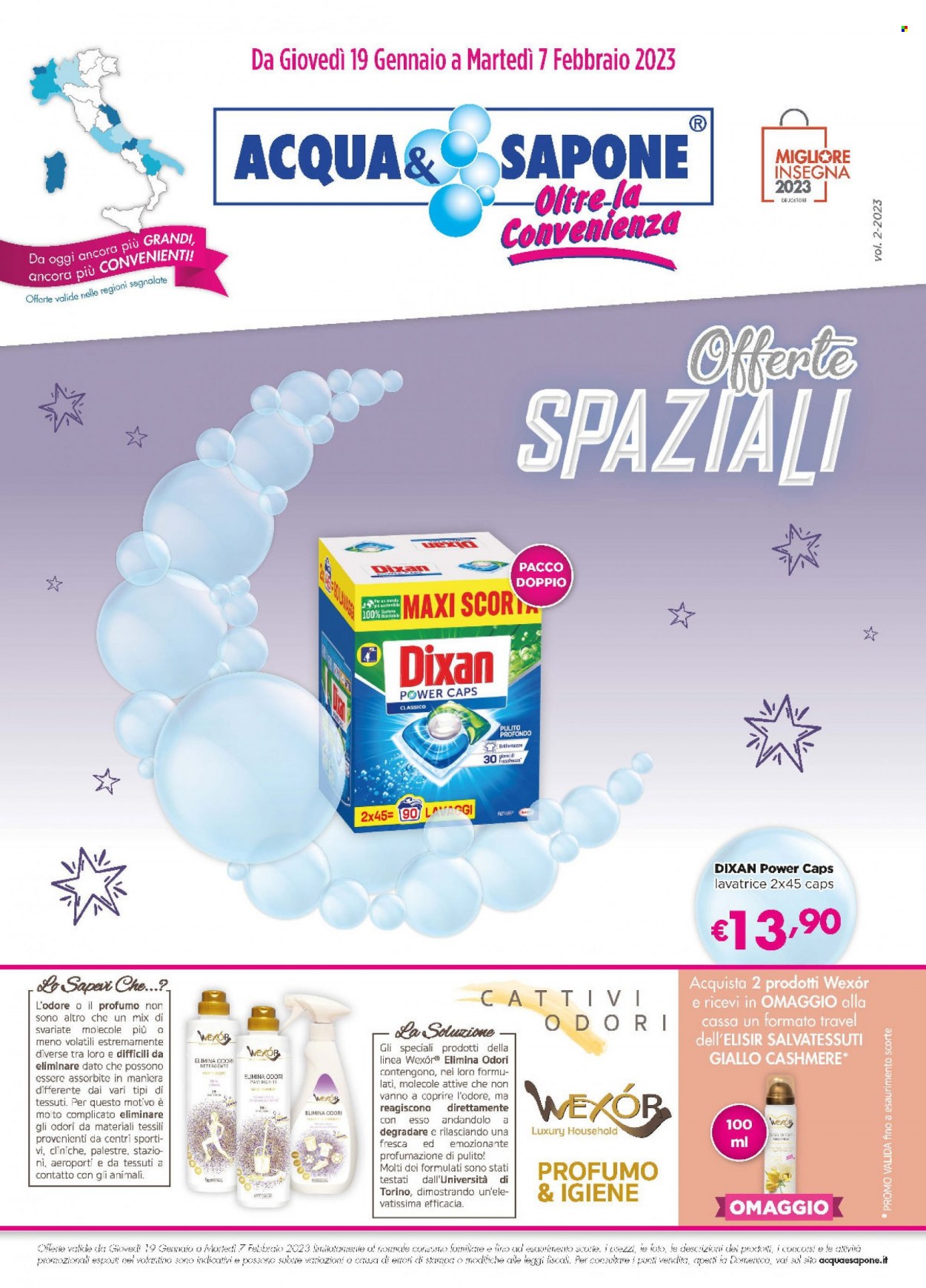 thumbnail - Volantino Acqua & Sapone - 19/1/2023 - 7/2/2023 - Prodotti in offerta - detersivo per lavatrice, Dixan, detersivo per lavatrice in capsule, sapone, profumo. Pagina 1.