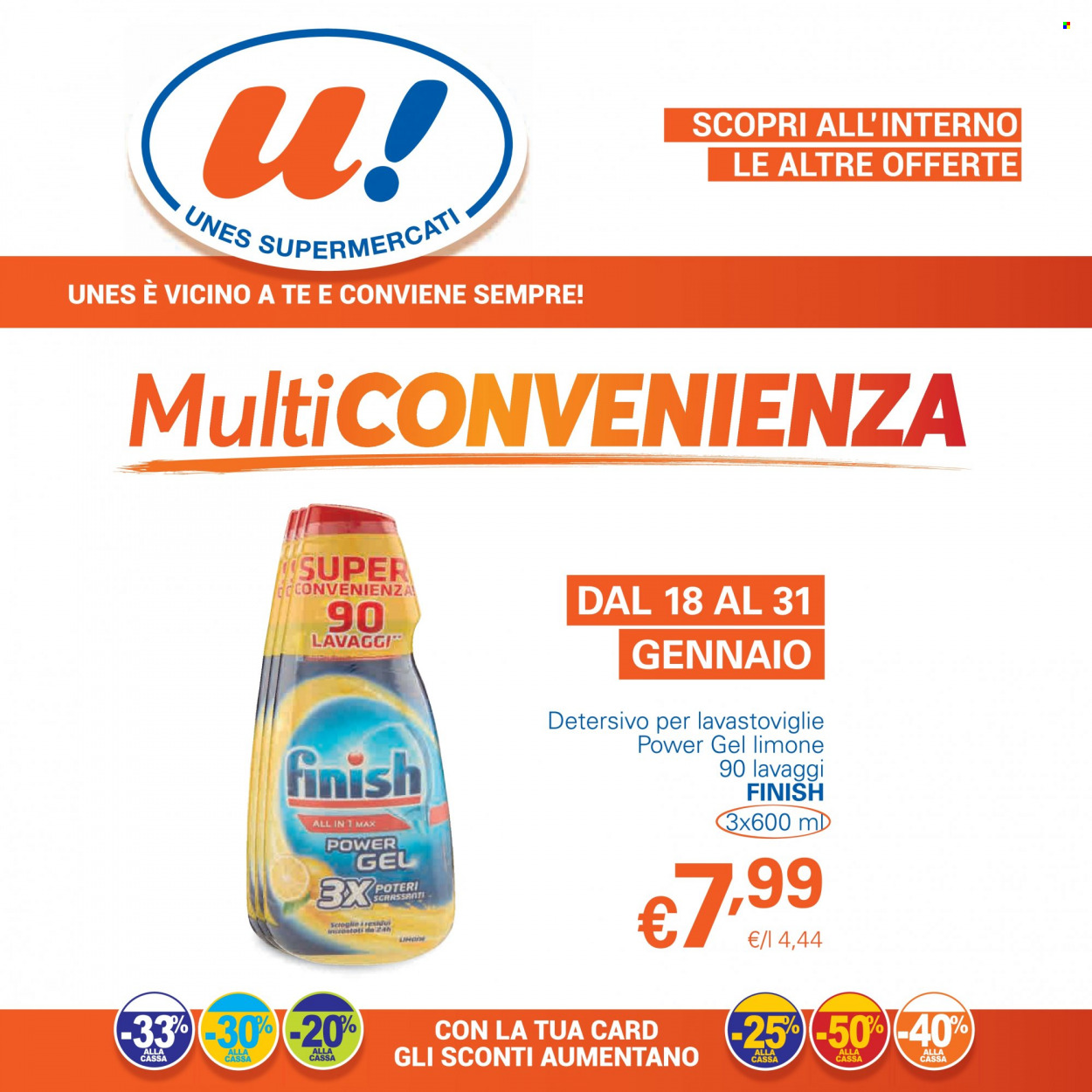 thumbnail - Volantino Unes - 18/1/2023 - 31/1/2023 - Prodotti in offerta - detersivo, Finish, detersivo per lavastoviglie. Pagina 1.