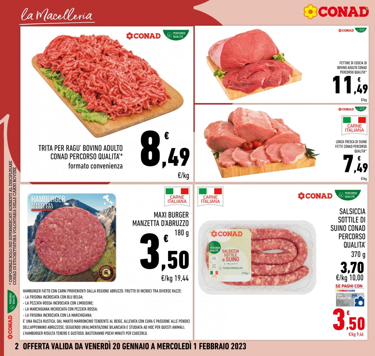 thumbnail - Volantino Conad - 20/1/2023 - 1/2/2023 - Prodotti in offerta - manzo, salsiccia, hamburger, suino. Pagina 2.