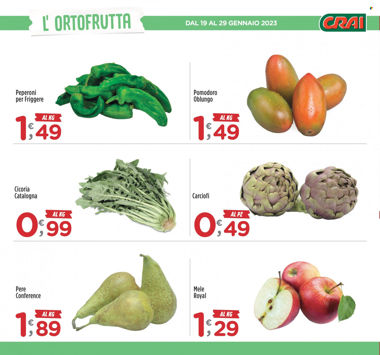 thumbnail - Volantino CRAI - 19/1/2023 - 29/1/2023 - Prodotti in offerta - carciofi, cicoria, peperoni, pomodori, mele, pere. Pagina 12.