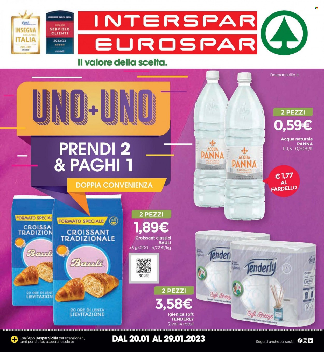 thumbnail - Volantino Eurospar - 20/1/2023 - 29/1/2023 - Prodotti in offerta - Bauli, croissant, acqua naturale, Acqua Panna, Tenderly, profumo. Pagina 1.