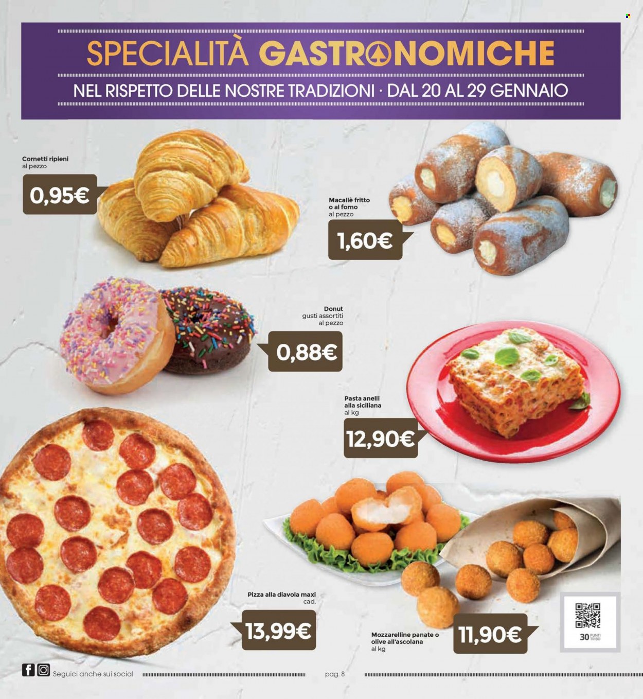 thumbnail - Volantino Eurospar - 20/1/2023 - 29/1/2023 - Prodotti in offerta - ciambella, croissant, olive all'ascolana, pizza, olive, pasta. Pagina 8.
